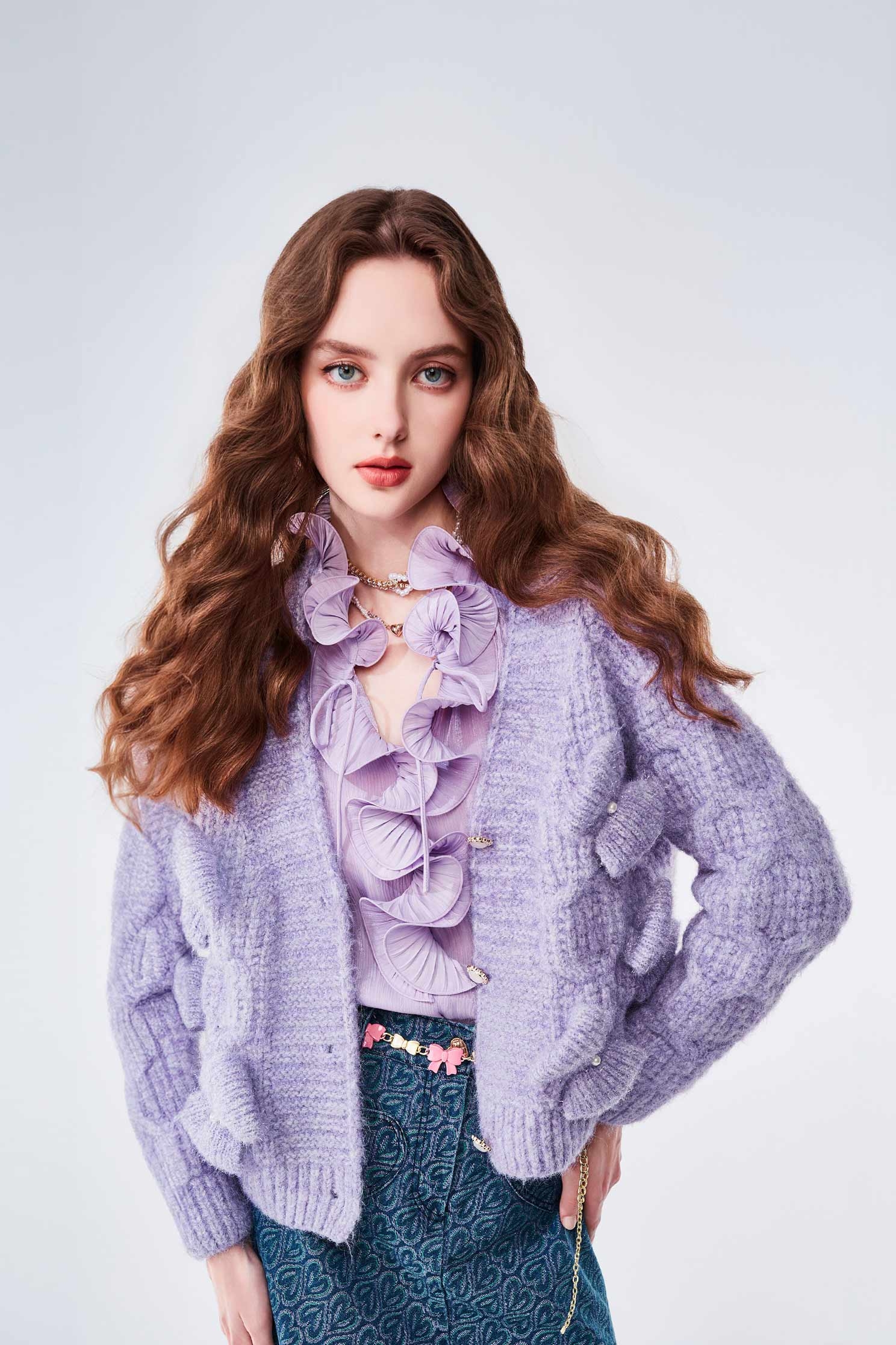 Bow Detail Purple Knit OuterwearBow Detail Purple Knit Outerwear,bestselling,Outerwear,Season (AW) Look,bows,Knitted,Knitted coats