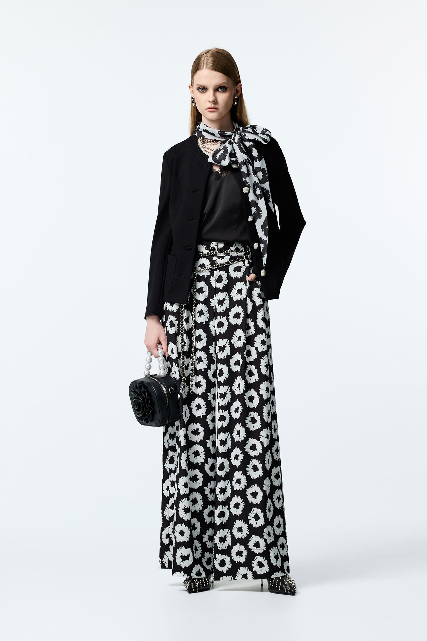 Black Jacket With Hand Sketched Floral Print Scarf DetailBlack Jacket With Hand Sketched Floral Print Scarf Detail,Jackets,Scarves,Outerwear,pearl,Season (AW) Look,Black outerwear