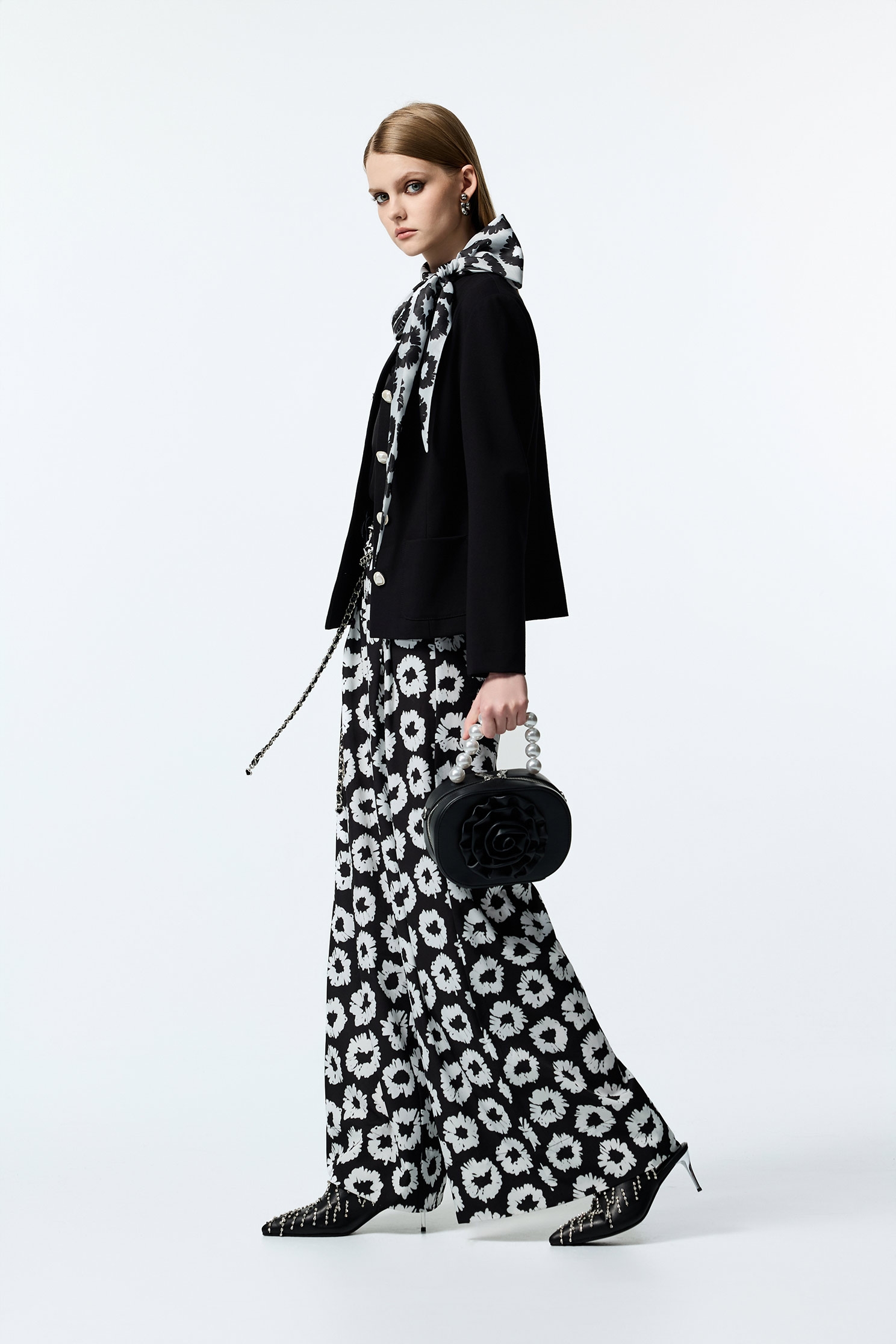 Black Jacket With Hand Sketched Floral Print Scarf DetailBlack Jacket With Hand Sketched Floral Print Scarf Detail,Jackets,Scarves,Outerwear,pearl,Season (AW) Look,Black outerwear