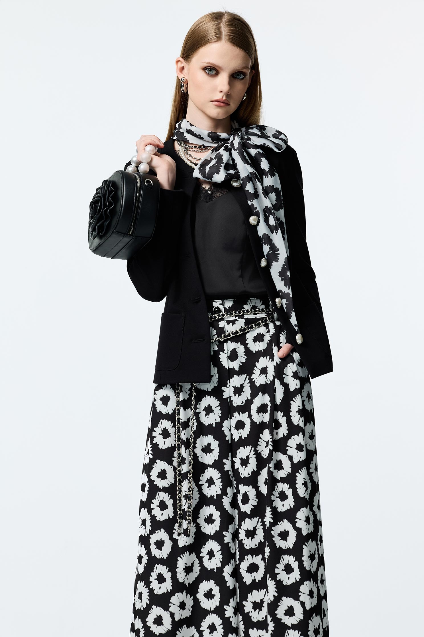 Black Jacket With Hand Sketched Floral Print Scarf DetailBlack Jacket With Hand Sketched Floral Print Scarf Detail,Jackets,Scarves,Outerwear,pearl,Season (AW) Look,Black outerwear