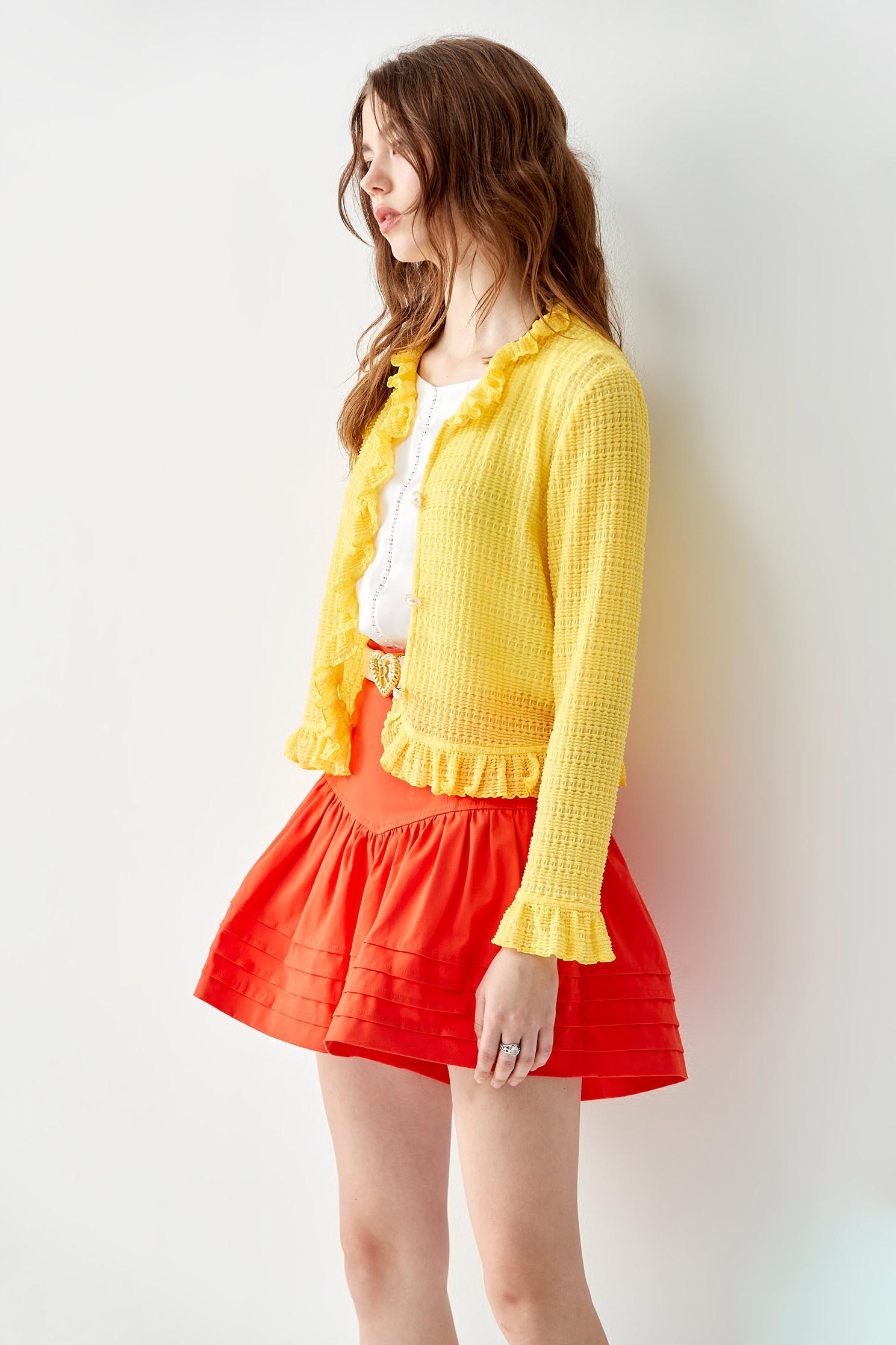 Yellow Ruffle Detail CardiganCoat with three-dimensional elasticated stripe,bestselling,Outerwear,Season (SS) Look,Stripe,Cardigans,fashionart