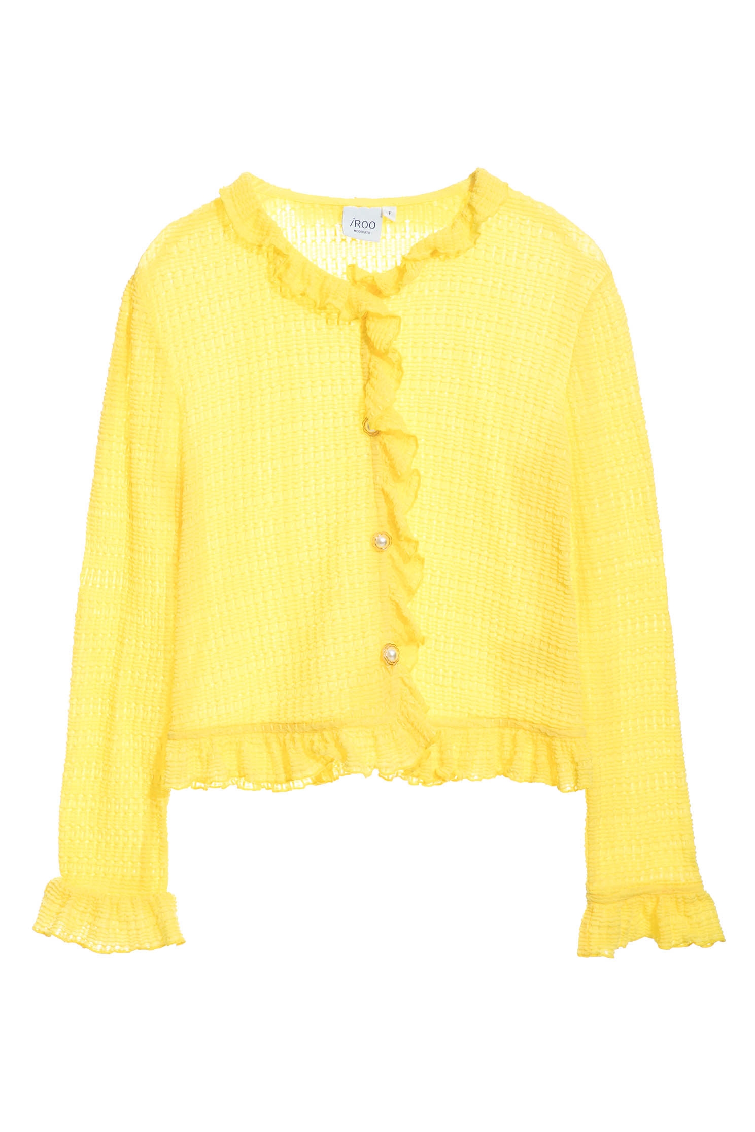 Yellow Ruffle Detail CardiganCoat with three-dimensional elasticated stripe,bestselling,Outerwear,Season (SS) Look,Stripe,Cardigans,fashionart