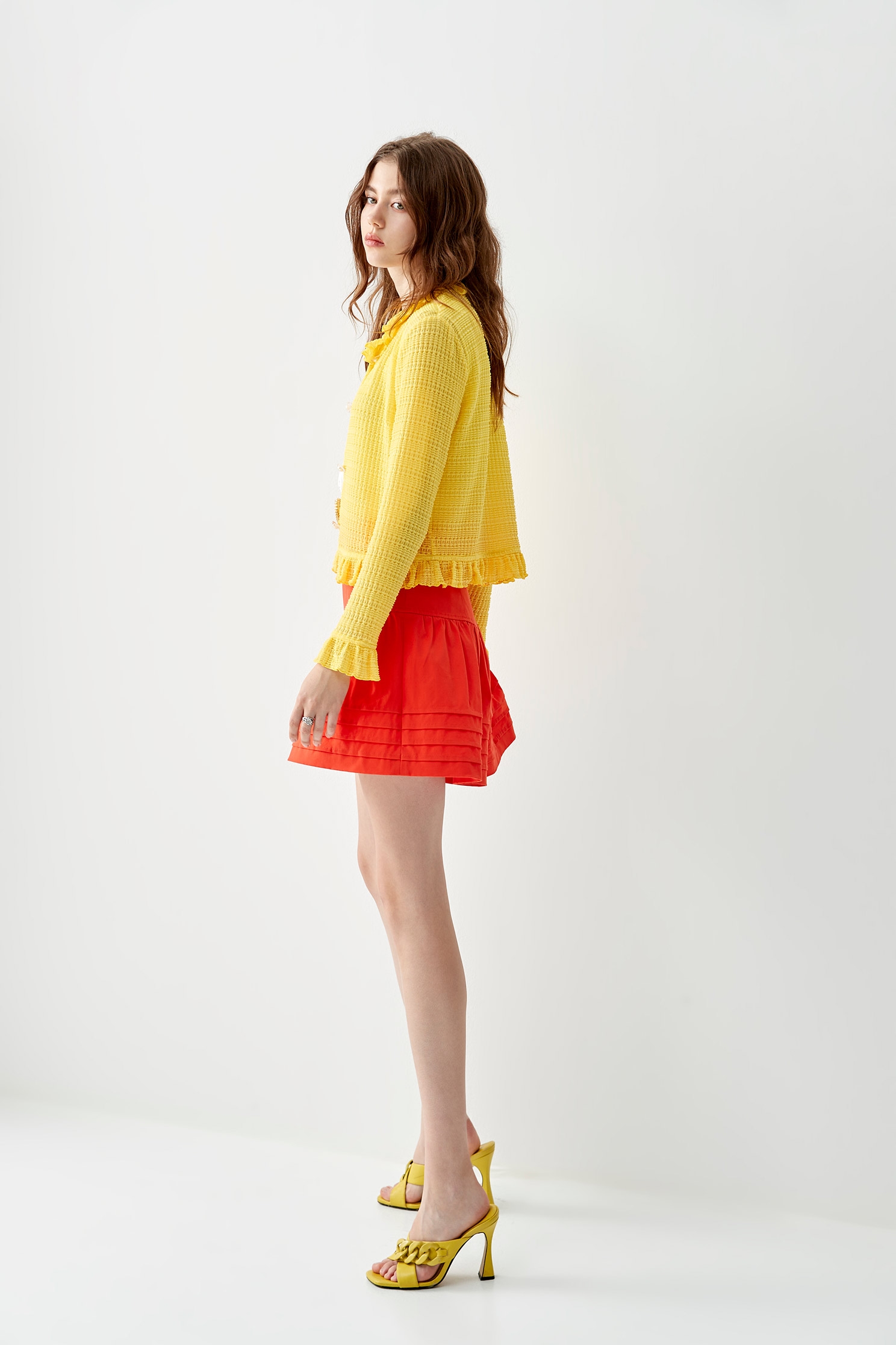 Yellow Ruffle Detail CardiganCoat with three-dimensional elasticated stripe,bestselling,Outerwear,Season (SS) Look,Stripe,Cardigans,fashionart