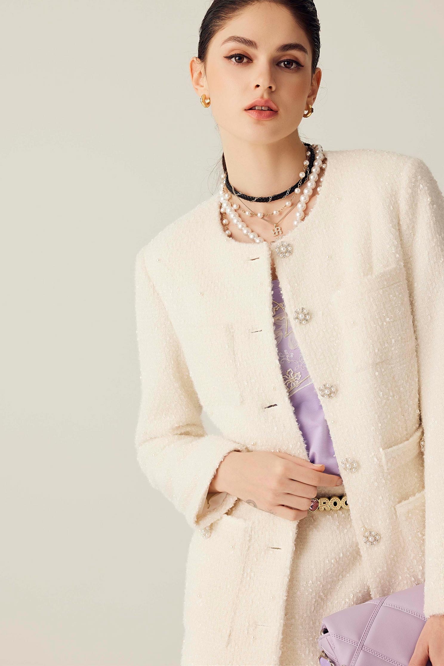 Mid Length Cream Colour Pearl JacketMid Length Cream Colour Pearl Jacket,Outerwear,Season (SS) Look,pearl,Blazers,longcoats