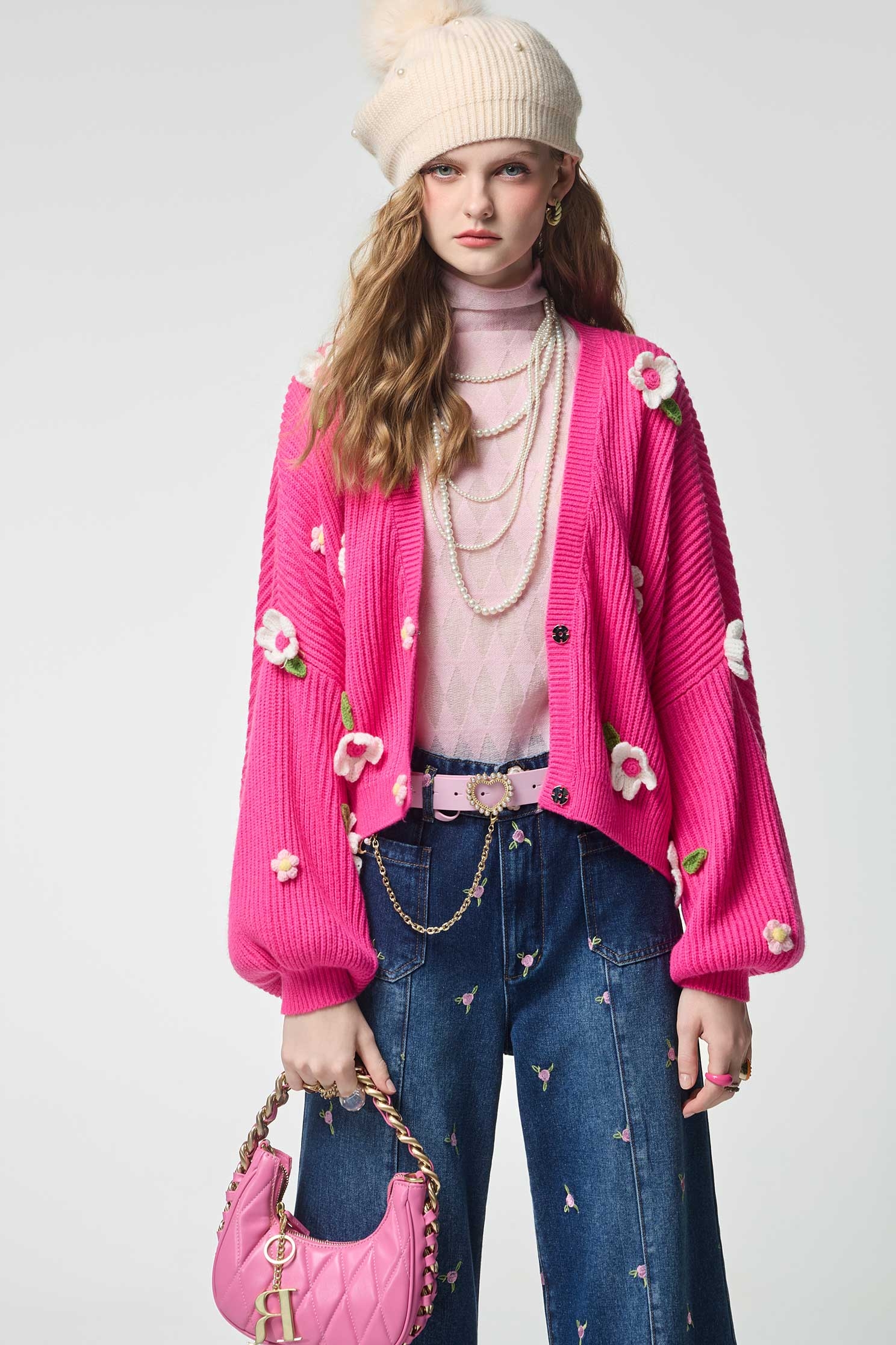 Hand Knit Floral Detail Pink CardiganHand Knit Floral Detail Pink Cardigan,Jackets,Outerwear,Stripe,Season (AW) Look,Knitted,Knitted coats