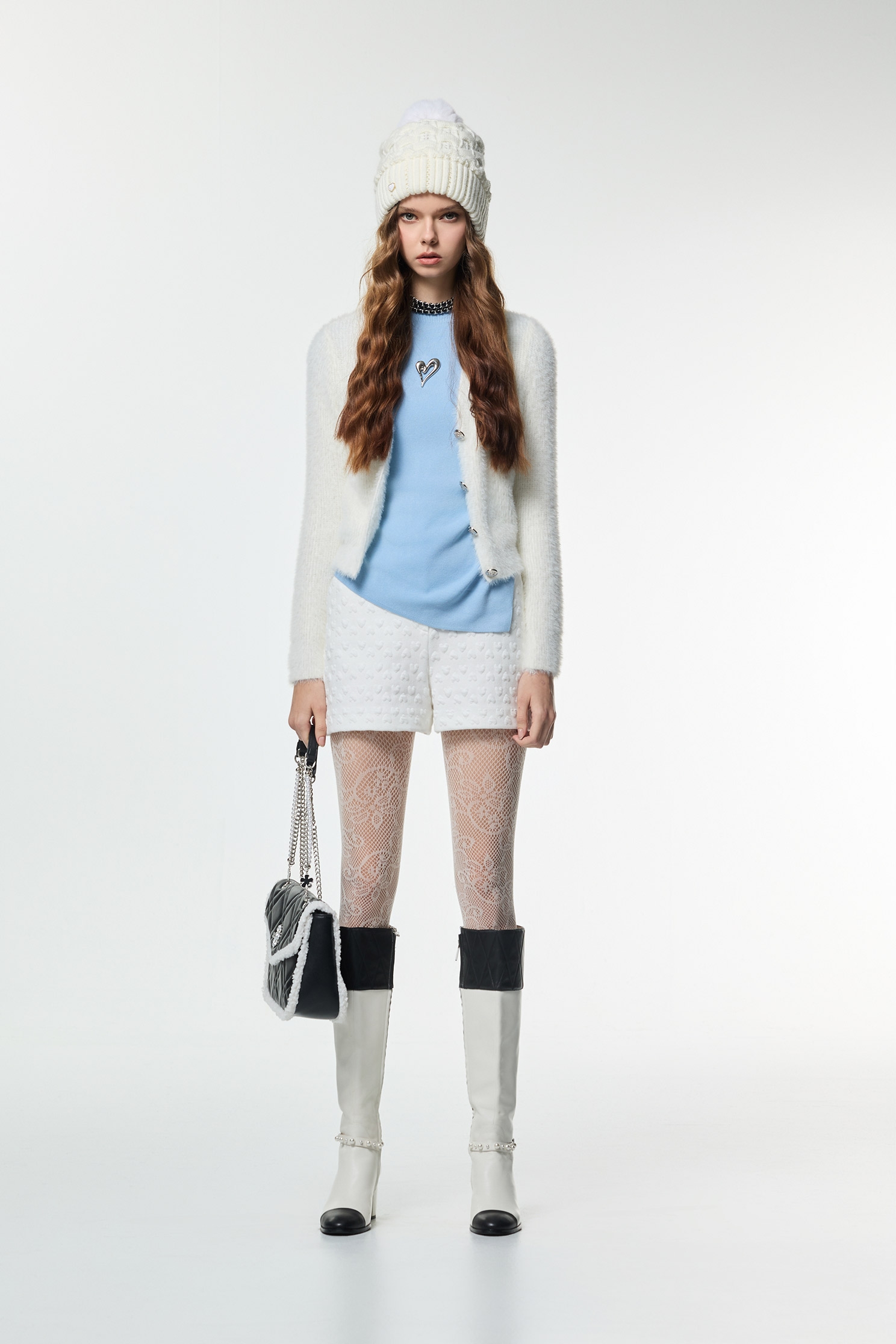 V-neck Faux Fur Knit CardiganV-neck Faux Fur Knit Cardigan,Jackets,Outerwear,White outerwear,Season (AW) Look,Knitted,Knitted coats