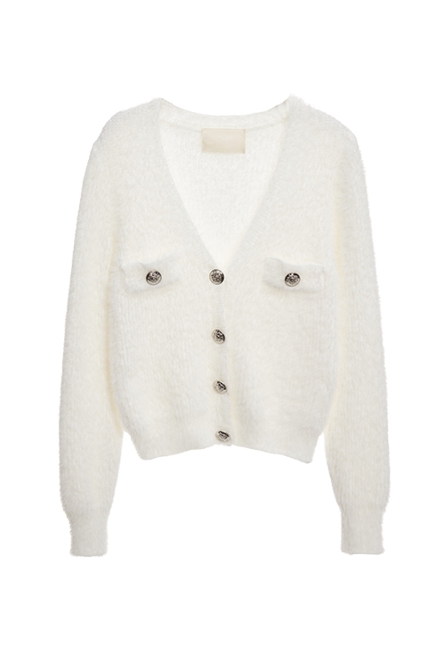 V-neck Faux Fur Knit CardiganV-neck Faux Fur Knit Cardigan,Jackets,Outerwear,White outerwear,Season (AW) Look,Knitted,Knitted coats