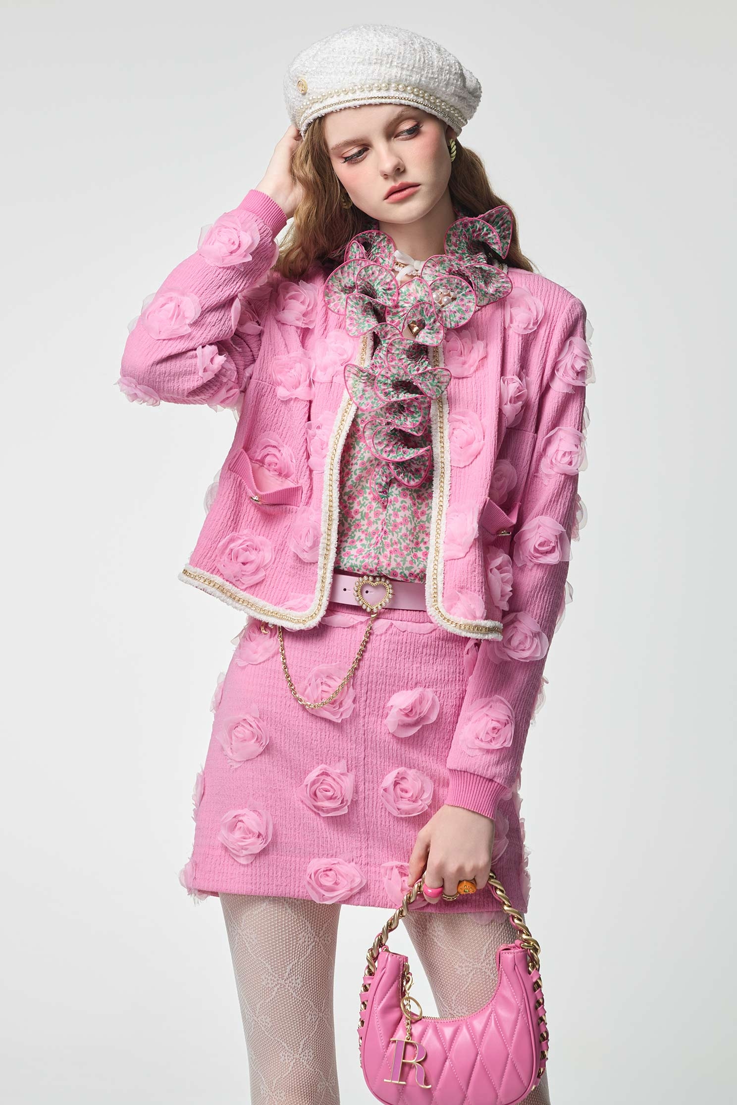 3-D Rose Detail Pink Jacket3-D Rose Detail Pink Jacket,Jackets,Outerwear,Season (AW) Look