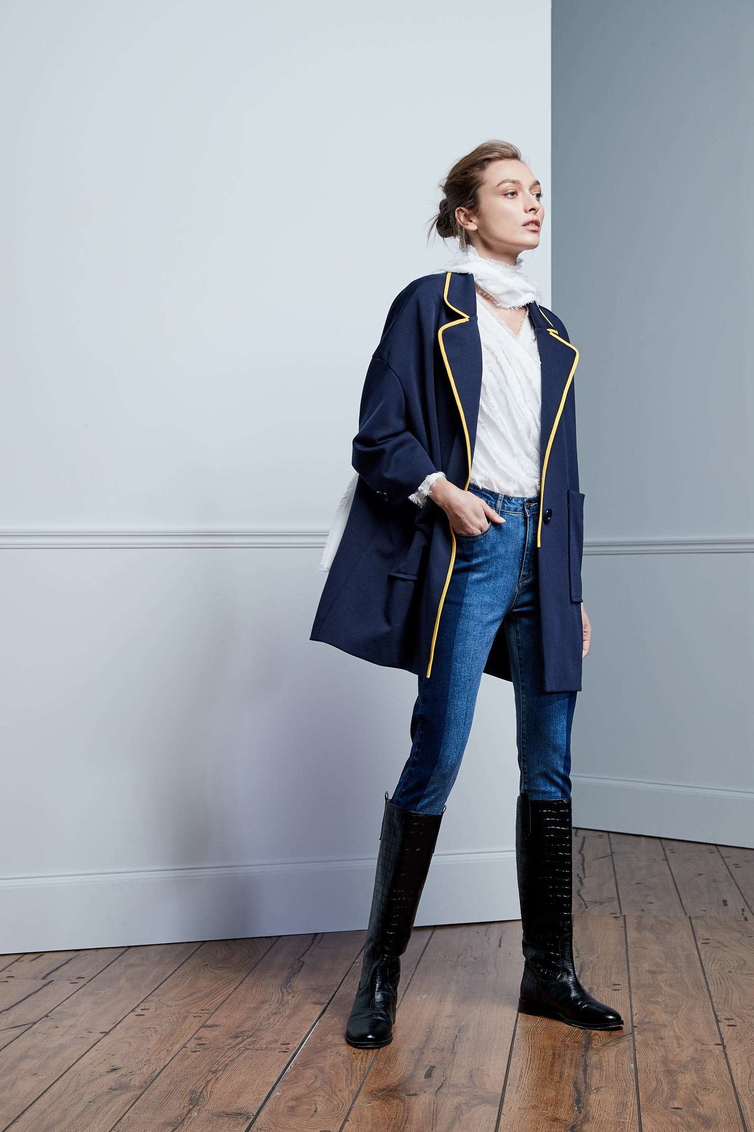 Navy Oversize Contrast Trim JacketNavy OVERSIZED coat,Ready for Winter,Outerwear,Season (AW) Look,Blazers,Overcoats,longcoats,Long sleeve outerwear