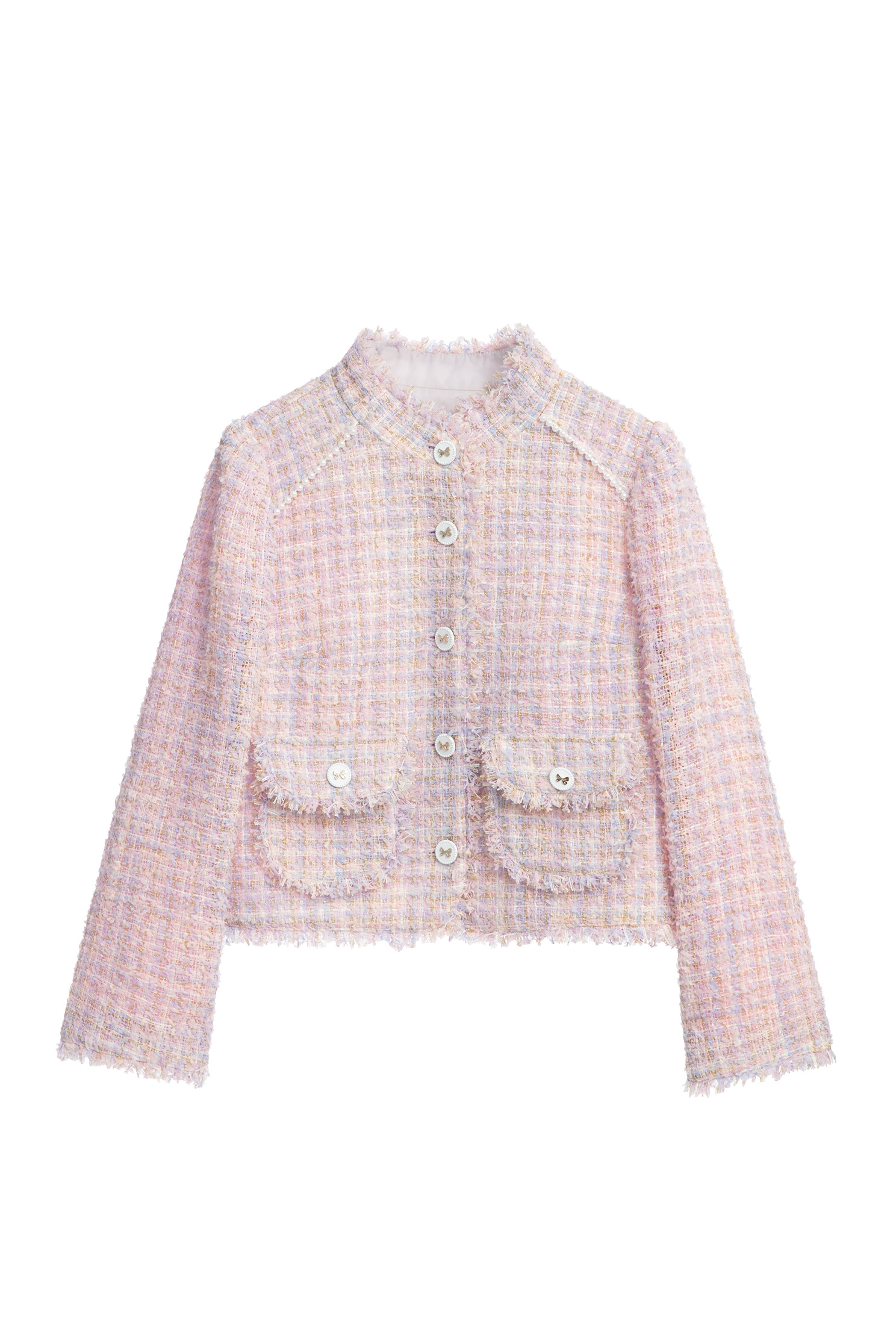 Pink Tweed Stand Collar JacketPink Tweed Stand Collar Jacket,Jackets,Outerwear,Season (SS) Look,bows