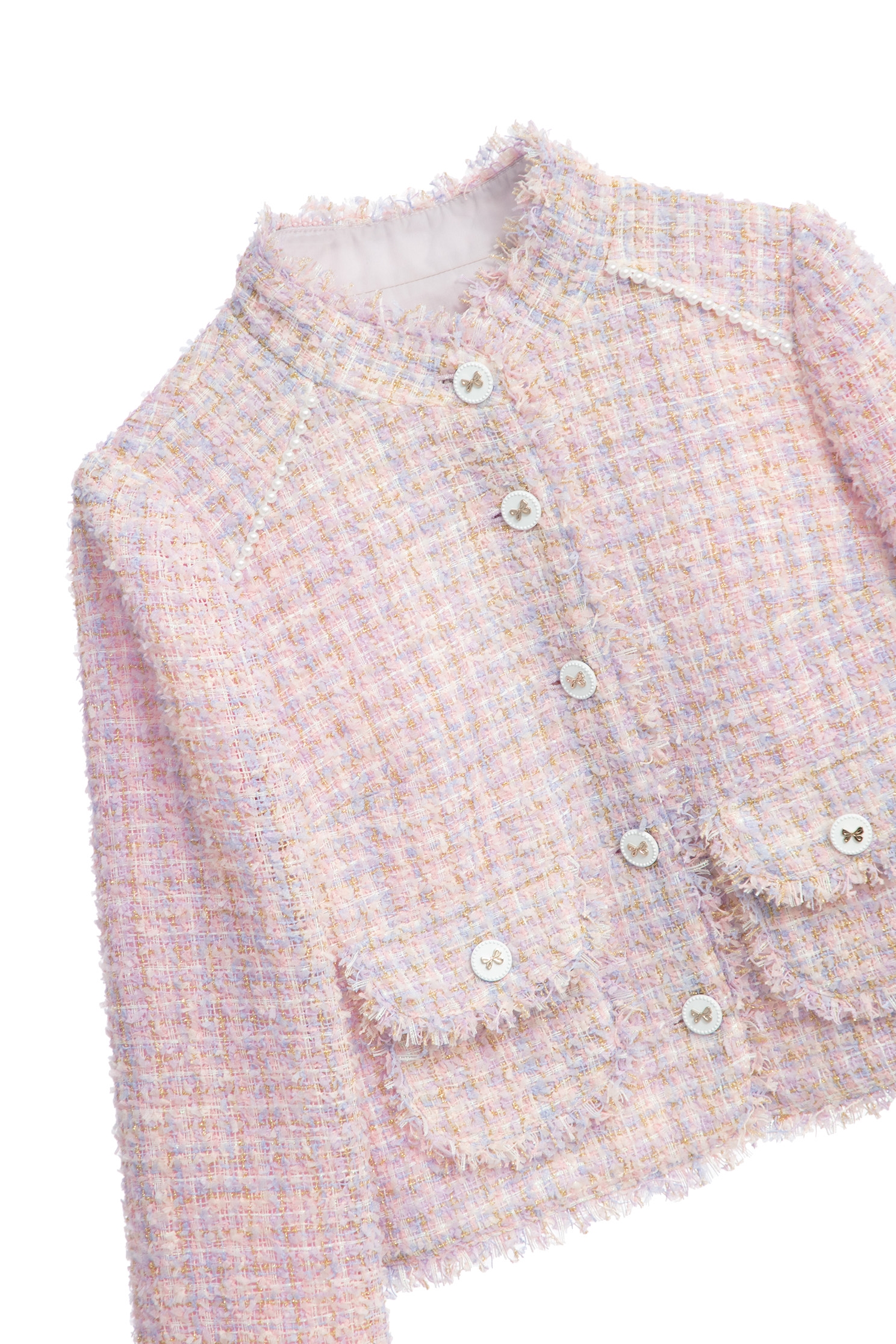 Pink Tweed Stand Collar JacketPink Tweed Stand Collar Jacket,Jackets,Outerwear,Season (SS) Look,bows