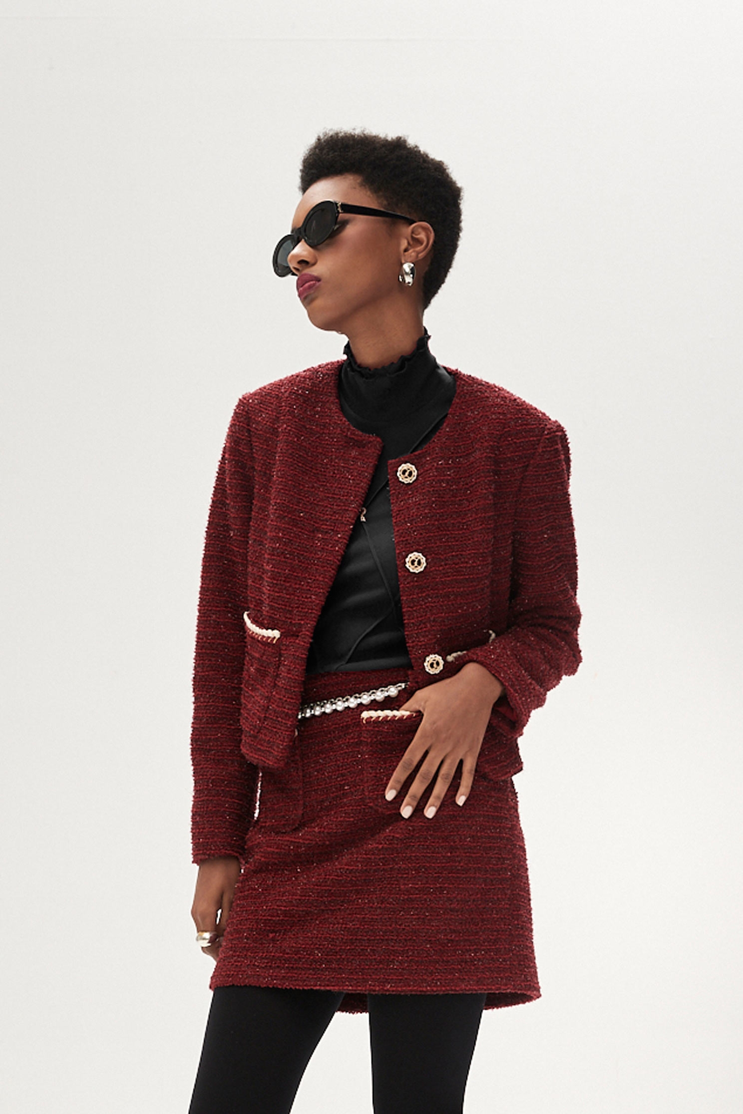 Wine Red Tweed JacketWine Red Tweed Jacket,Jackets,Outerwear,Season (SS) Look