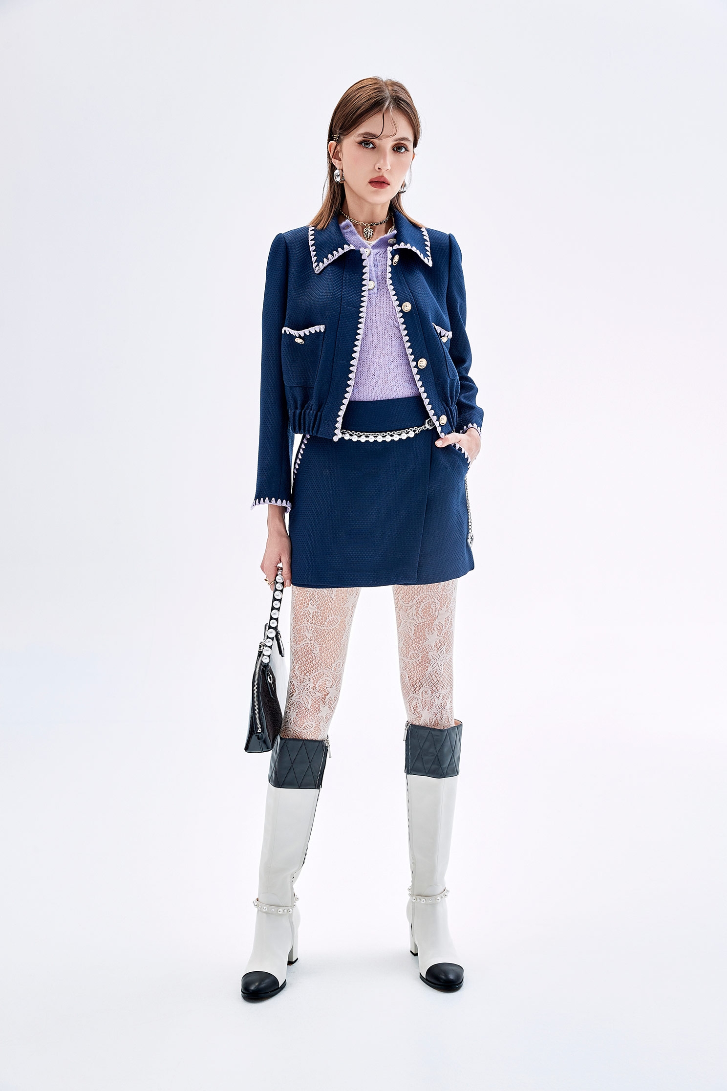 Purple Trim Detail Navy JacketPurple Trim Detail Navy Jacket,Jackets,Embroidered,Outerwear,Season (SS) Look,Skorts