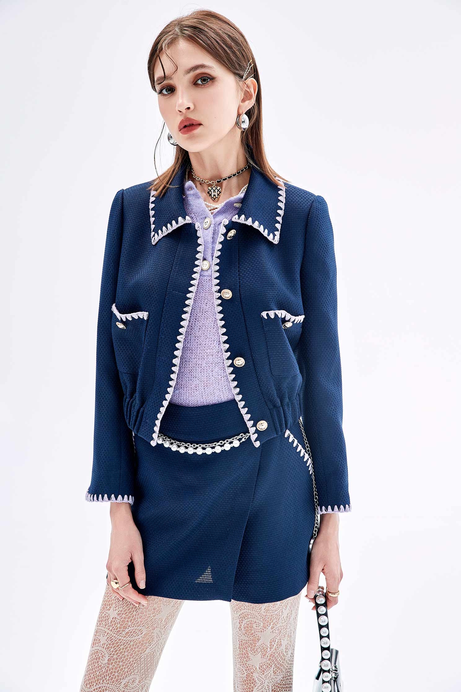 Purple Trim Detail Navy JacketPurple Trim Detail Navy Jacket,Jackets,Embroidered,Outerwear,Season (SS) Look,Skorts