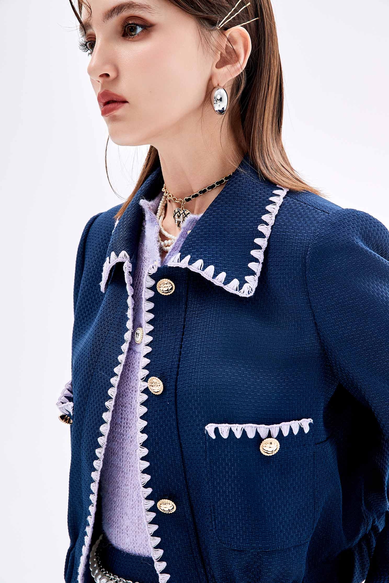 Purple Trim Detail Navy JacketPurple Trim Detail Navy Jacket,Jackets,Embroidered,Outerwear,Season (SS) Look,Skorts