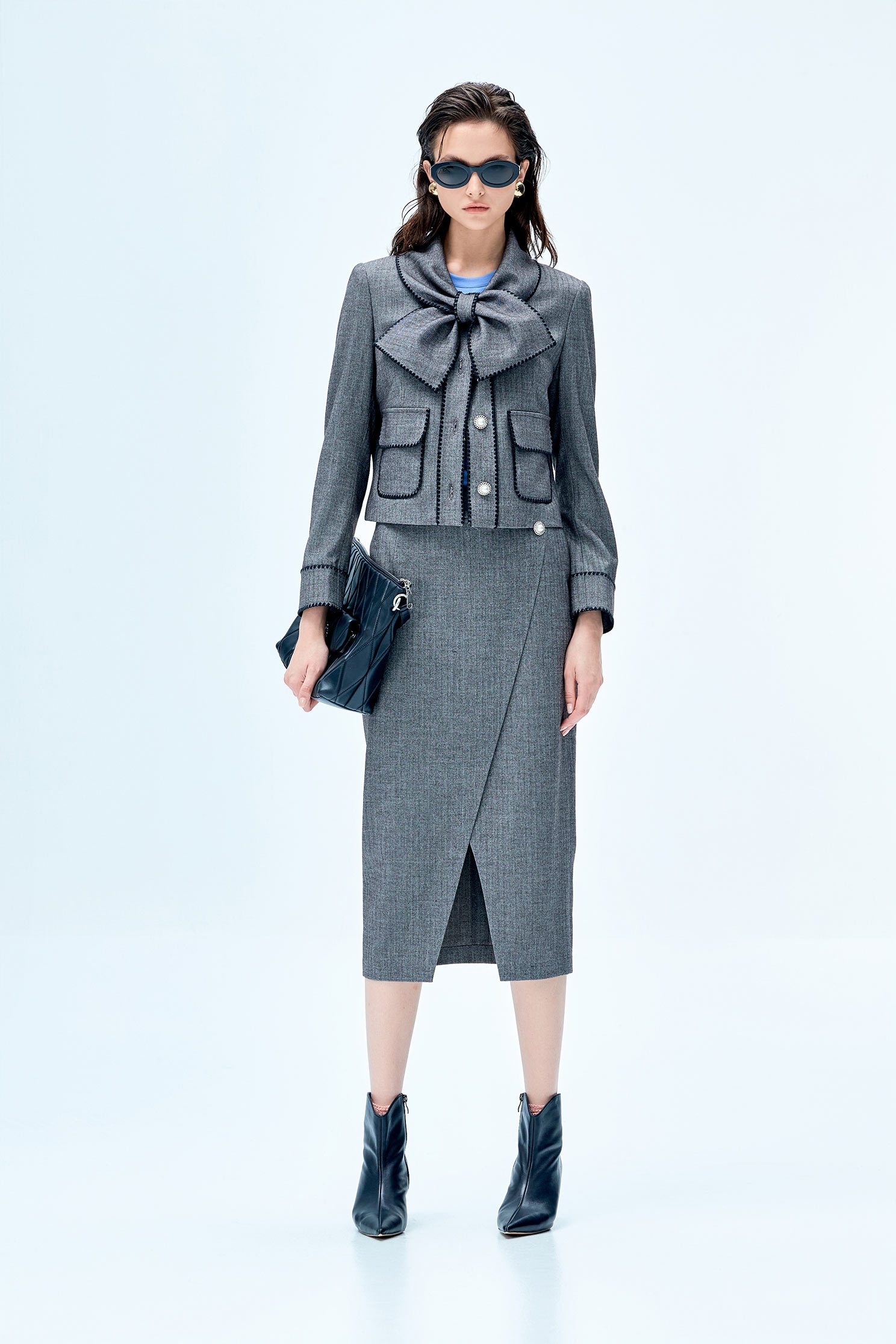 Grey Bow Collar JacketGrey Bow Collar Jacket,Jackets,Embroidered,Outerwear,Season (SS) Look,pearl