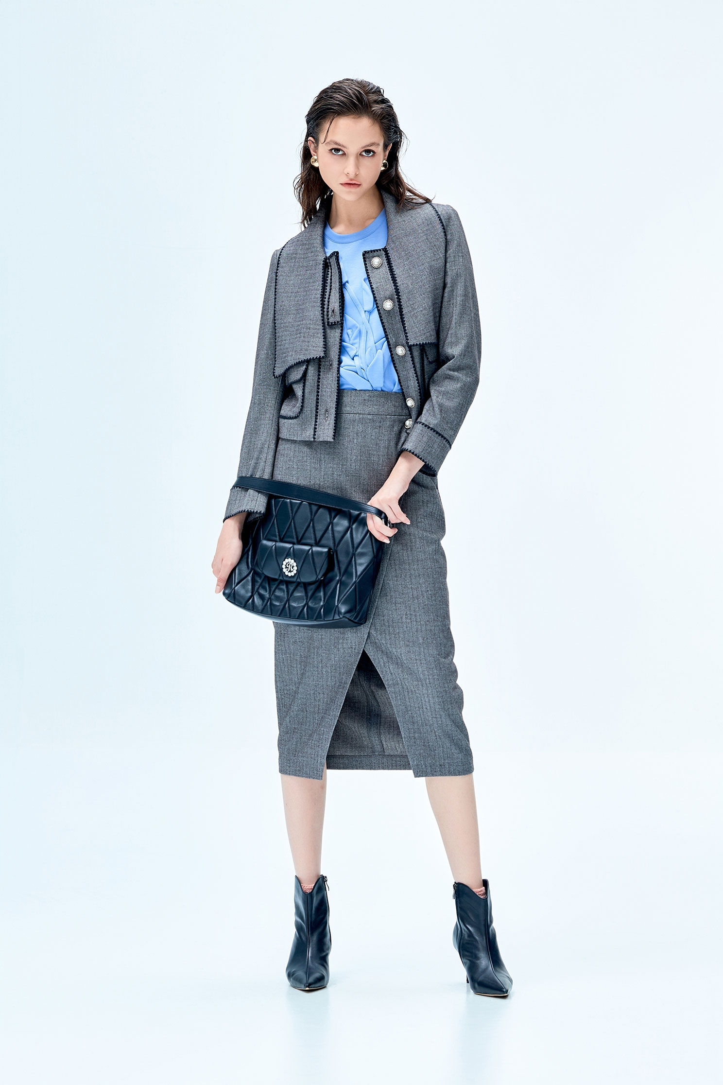 Grey Bow Collar JacketGrey Bow Collar Jacket,Jackets,Embroidered,Outerwear,Season (SS) Look,pearl