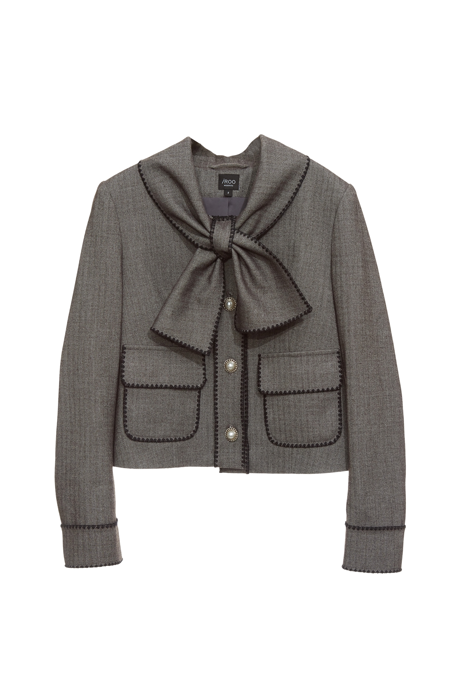 Grey Bow Collar JacketGrey Bow Collar Jacket,Jackets,Embroidered,Outerwear,Season (SS) Look,pearl