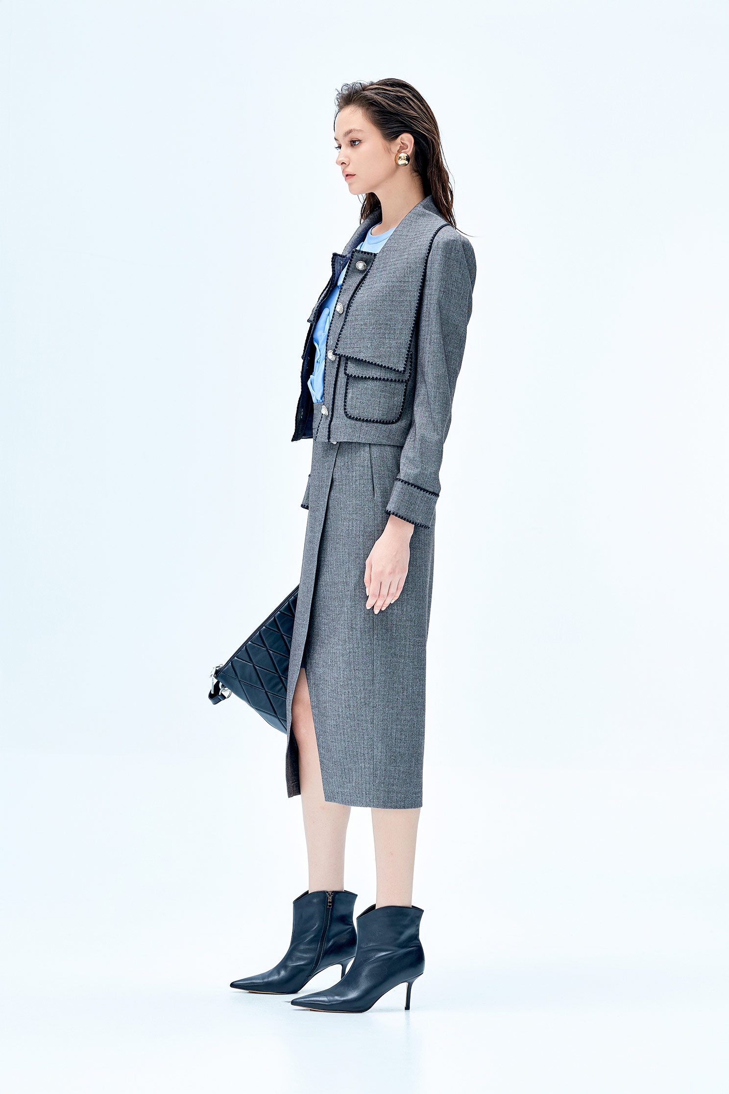 Grey Bow Collar JacketGrey Bow Collar Jacket,Jackets,Embroidered,Outerwear,Season (SS) Look,pearl