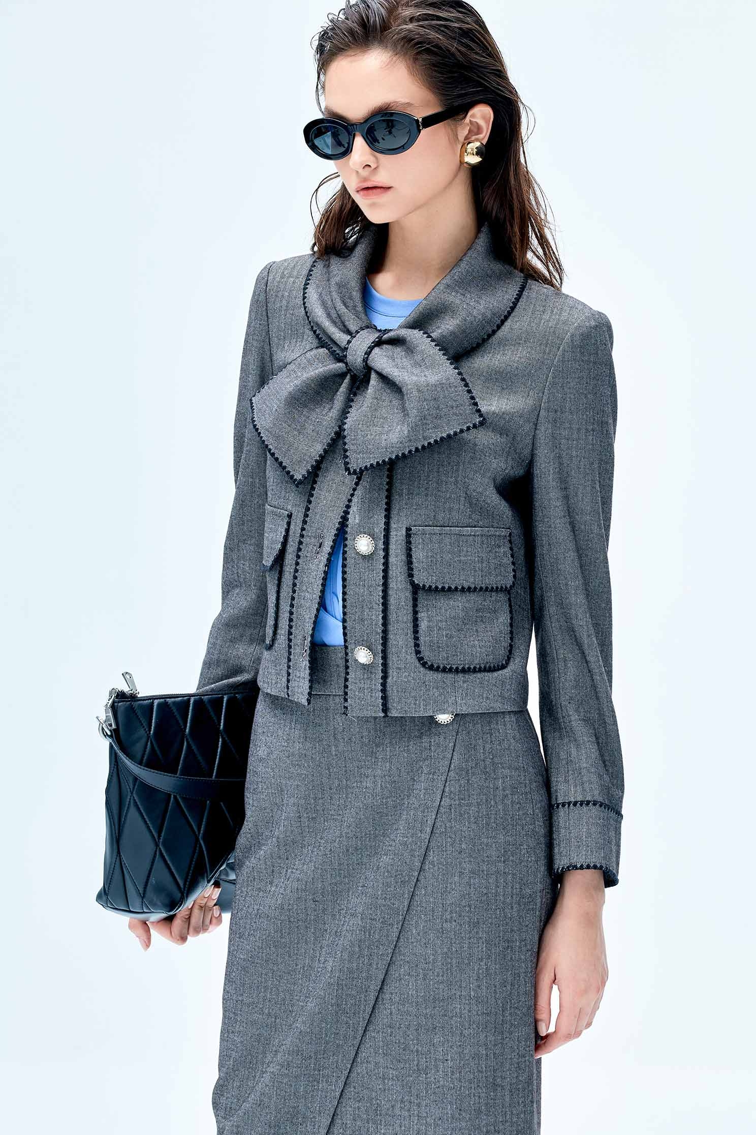 Grey Bow Collar JacketGrey Bow Collar Jacket,Jackets,Embroidered,Outerwear,Season (SS) Look,pearl