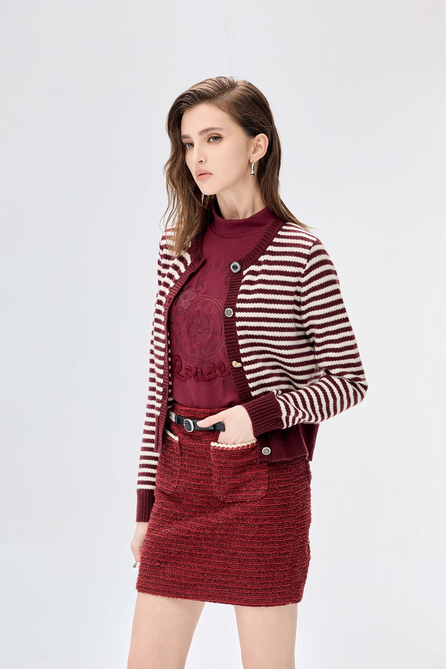 Wine Red Stripe Knit CardiganWine Red Stripe Knit Cardigan,Season (SS) Look,Stripe,Knitted,Knitted coats,Knitted tops