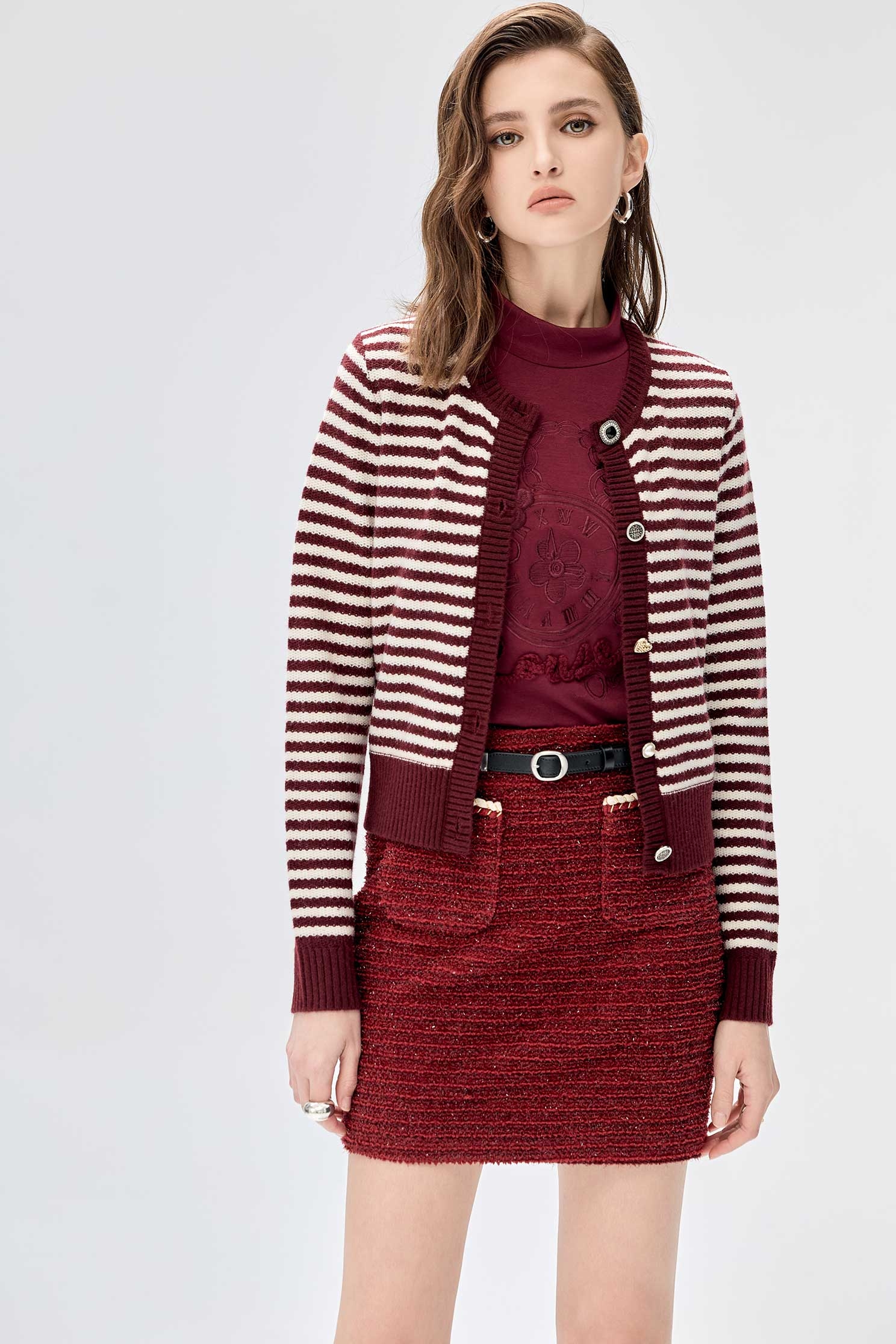 Wine Red Stripe Knit CardiganWine Red Stripe Knit Cardigan,Season (SS) Look,Stripe,Knitted,Knitted coats,Knitted tops