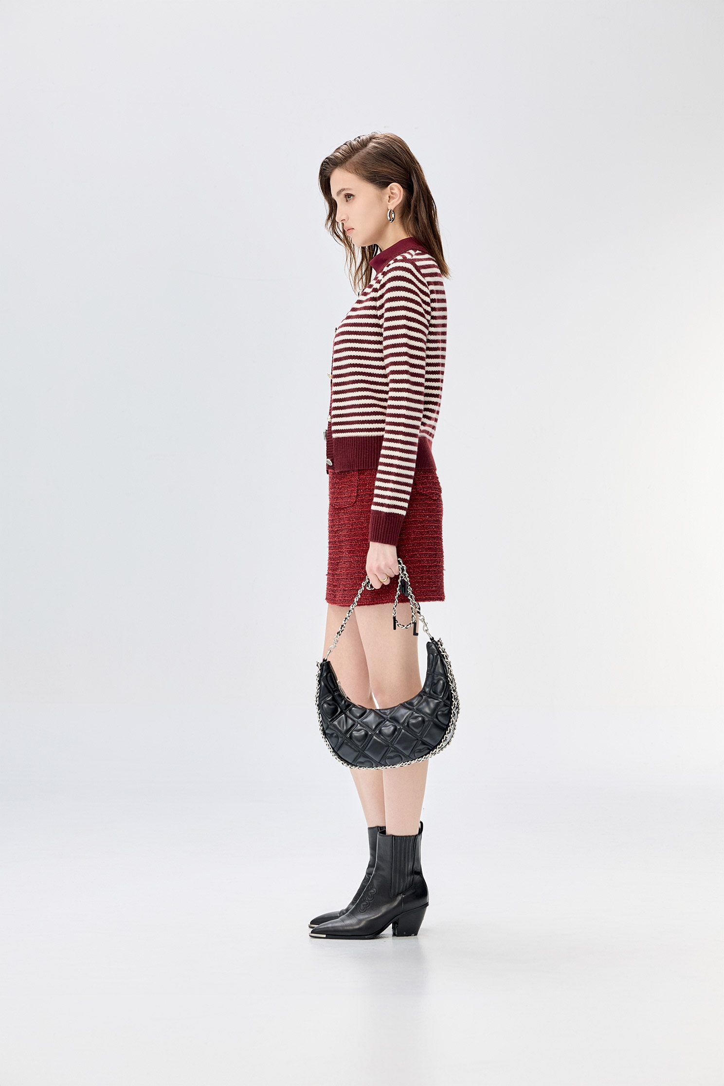 Wine Red Stripe Knit CardiganWine Red Stripe Knit Cardigan,Season (SS) Look,Stripe,Knitted,Knitted coats,Knitted tops