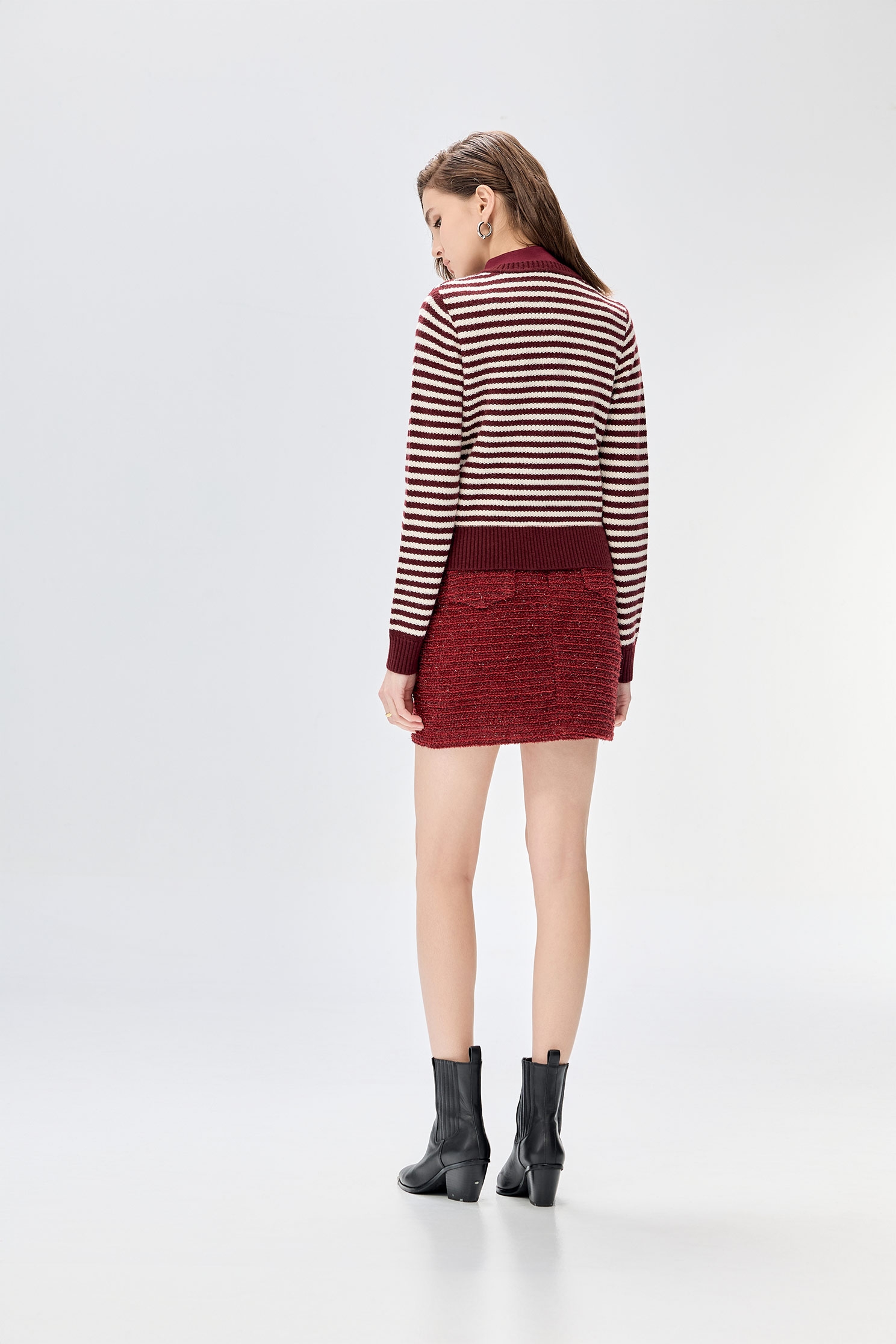 Wine Red Stripe Knit CardiganWine Red Stripe Knit Cardigan,Season (SS) Look,Stripe,Knitted,Knitted coats,Knitted tops