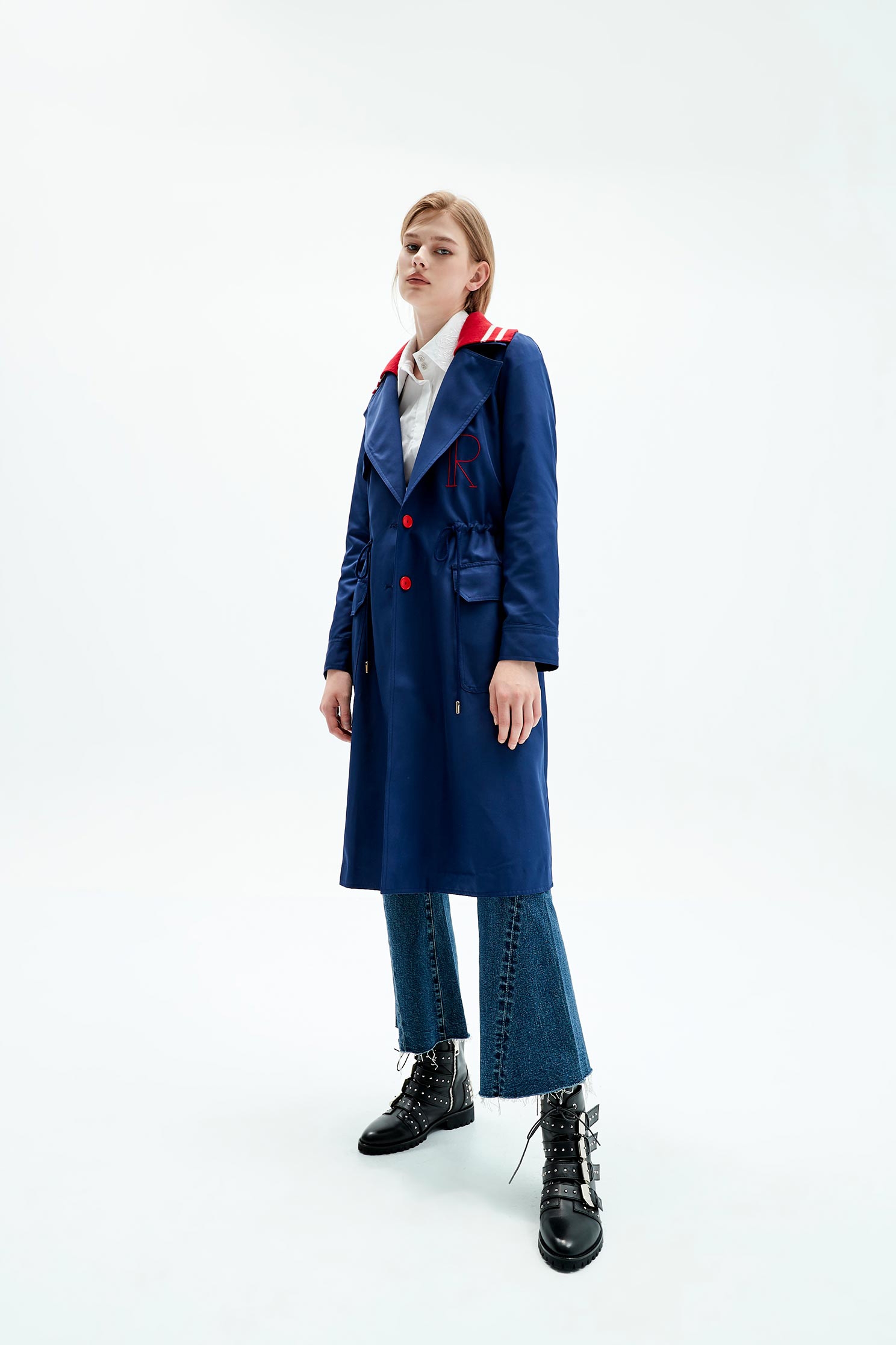 Contrast Collar Trench CoatDark blue letter embroidered trench coat,Ready for Winter,Embroidered,goodlucknewyear,Season (SS) Look,Season (AW) Look,Embroidered,Long sleeve outerwear,Trench coats