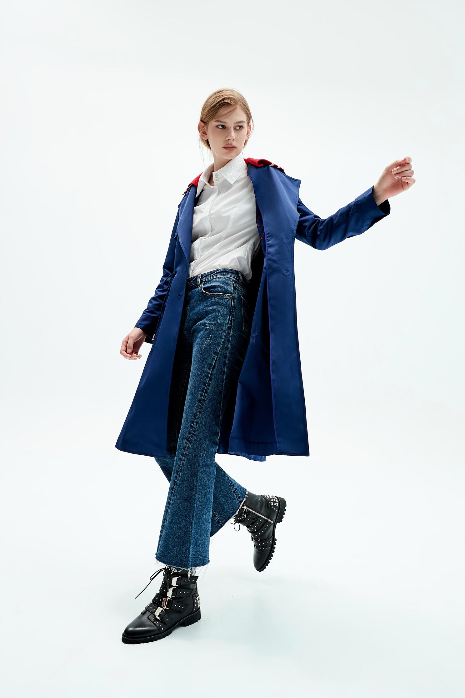 Contrast Collar Trench CoatDark blue letter embroidered trench coat,Ready for Winter,Embroidered,goodlucknewyear,Season (SS) Look,Season (AW) Look,Embroidered,Long sleeve outerwear,Trench coats