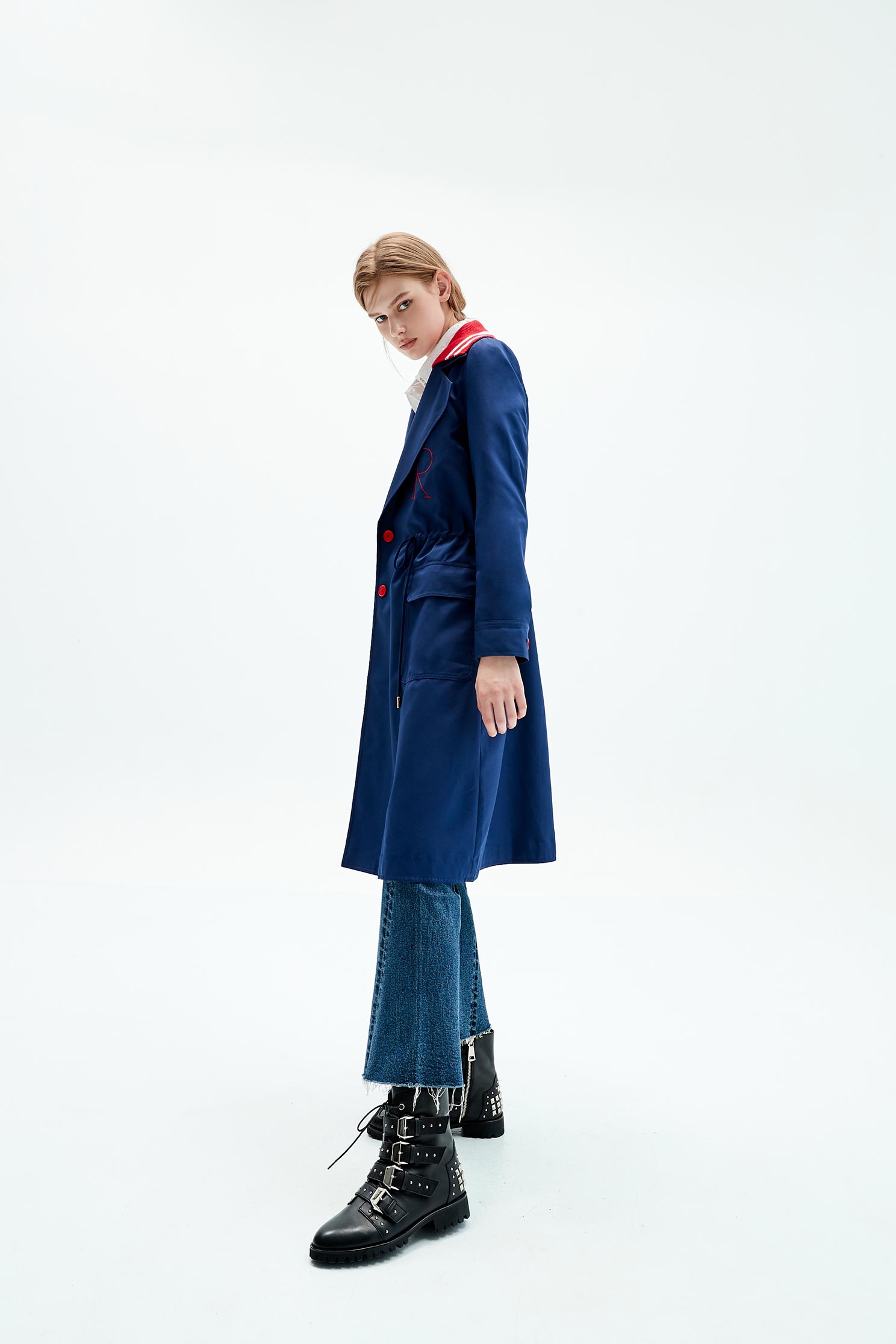 Contrast Collar Trench CoatDark blue letter embroidered trench coat,Ready for Winter,Embroidered,goodlucknewyear,Season (SS) Look,Season (AW) Look,Embroidered,Long sleeve outerwear,Trench coats