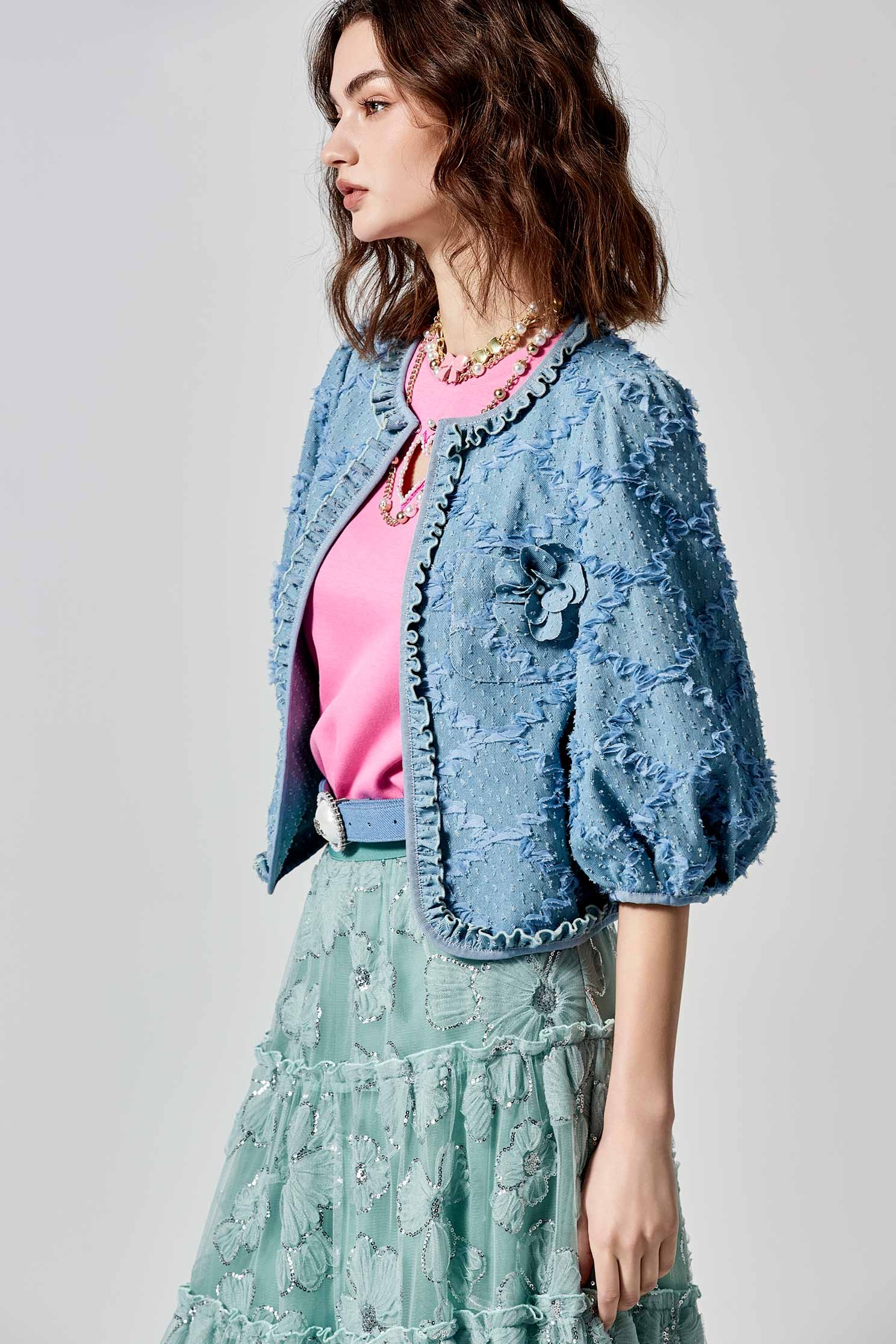 Diamond Ruffle Pattern Detail Denim JacketDiamond Ruffle Pattern Detail Denim Jacket,Jackets,Outerwear,Season (SS) Look,Plaid,Denim,pearl