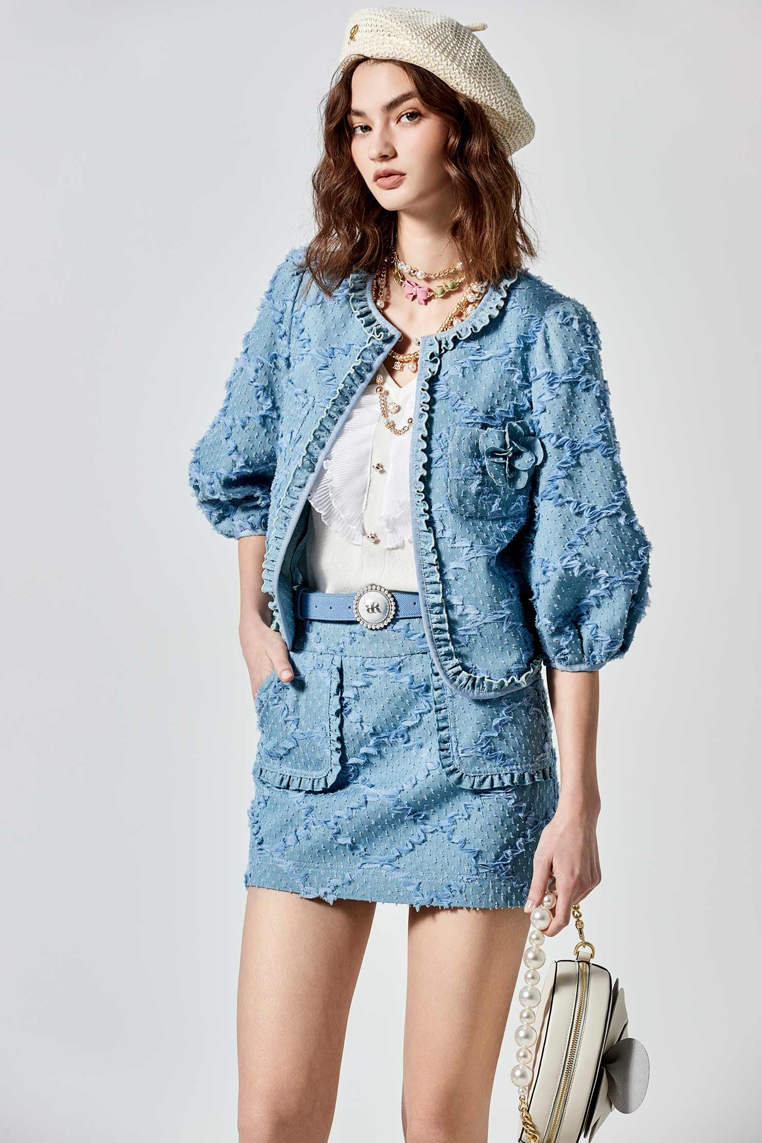 Diamond Ruffle Pattern Detail Denim JacketDiamond Ruffle Pattern Detail Denim Jacket,Jackets,Outerwear,Season (SS) Look,Plaid,Denim,pearl