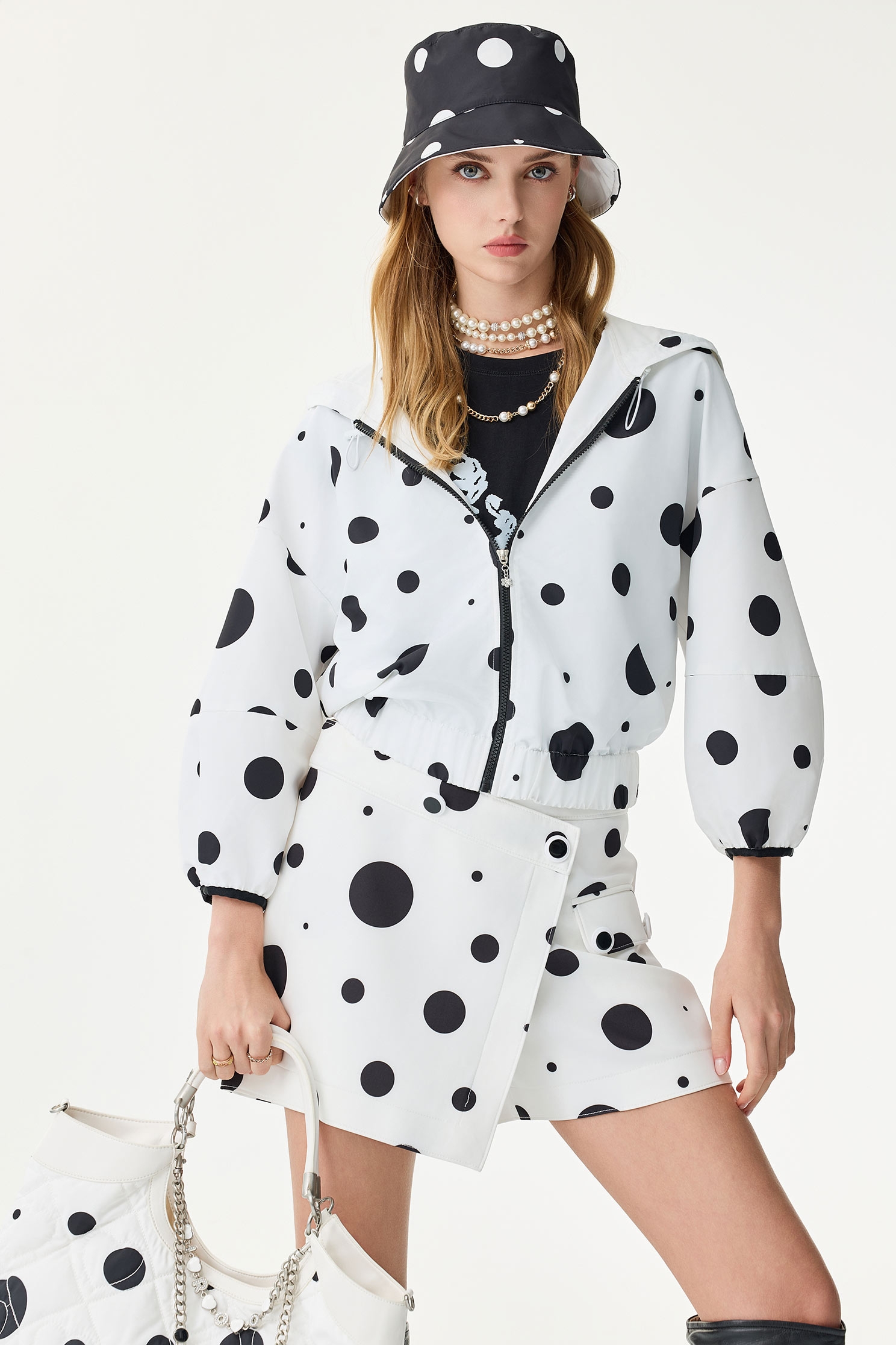 Black Polka Dot Hoodie WindbreakerBlack Polka Dot Hoodie Windbreaker,Jackets,Outerwear,Season (SS) Look,Long sleeve outerwear