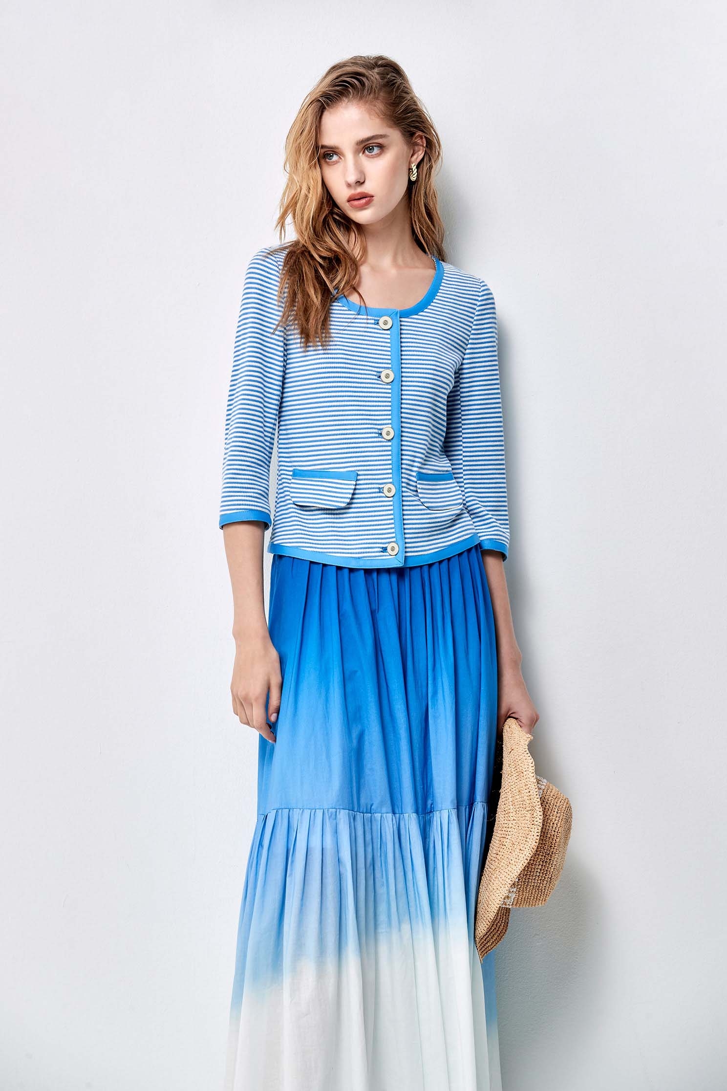 Blue Pinstripe Collarless JacketBlue Pinstripe Collarless Jacket,Jackets,Outerwear,Season (SS) Look,Stripe