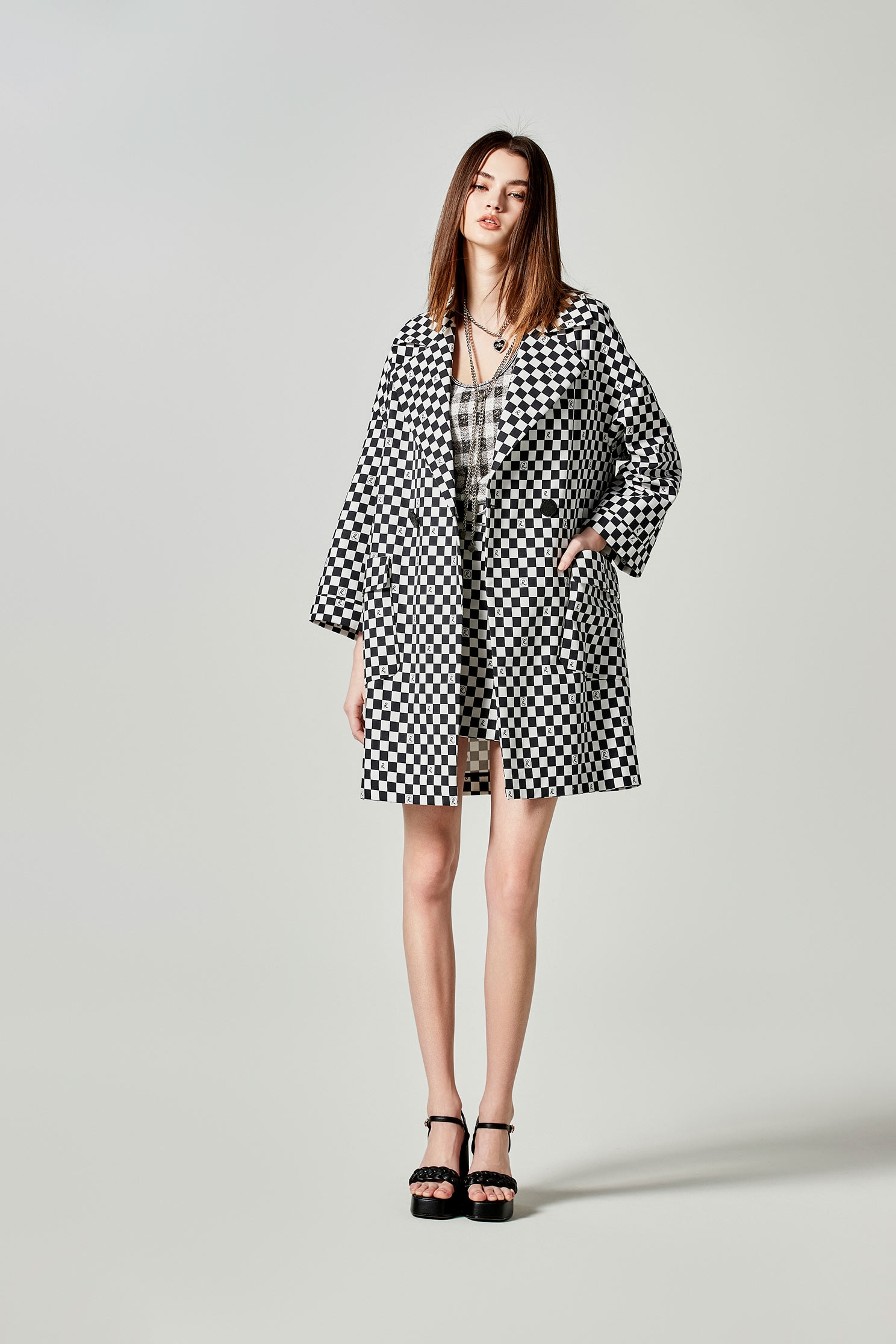 R Logo Checkered Trench CoatR Logo Checkered Trench Coat,Jackets,Outerwear,Season (SS) Look,longcoats