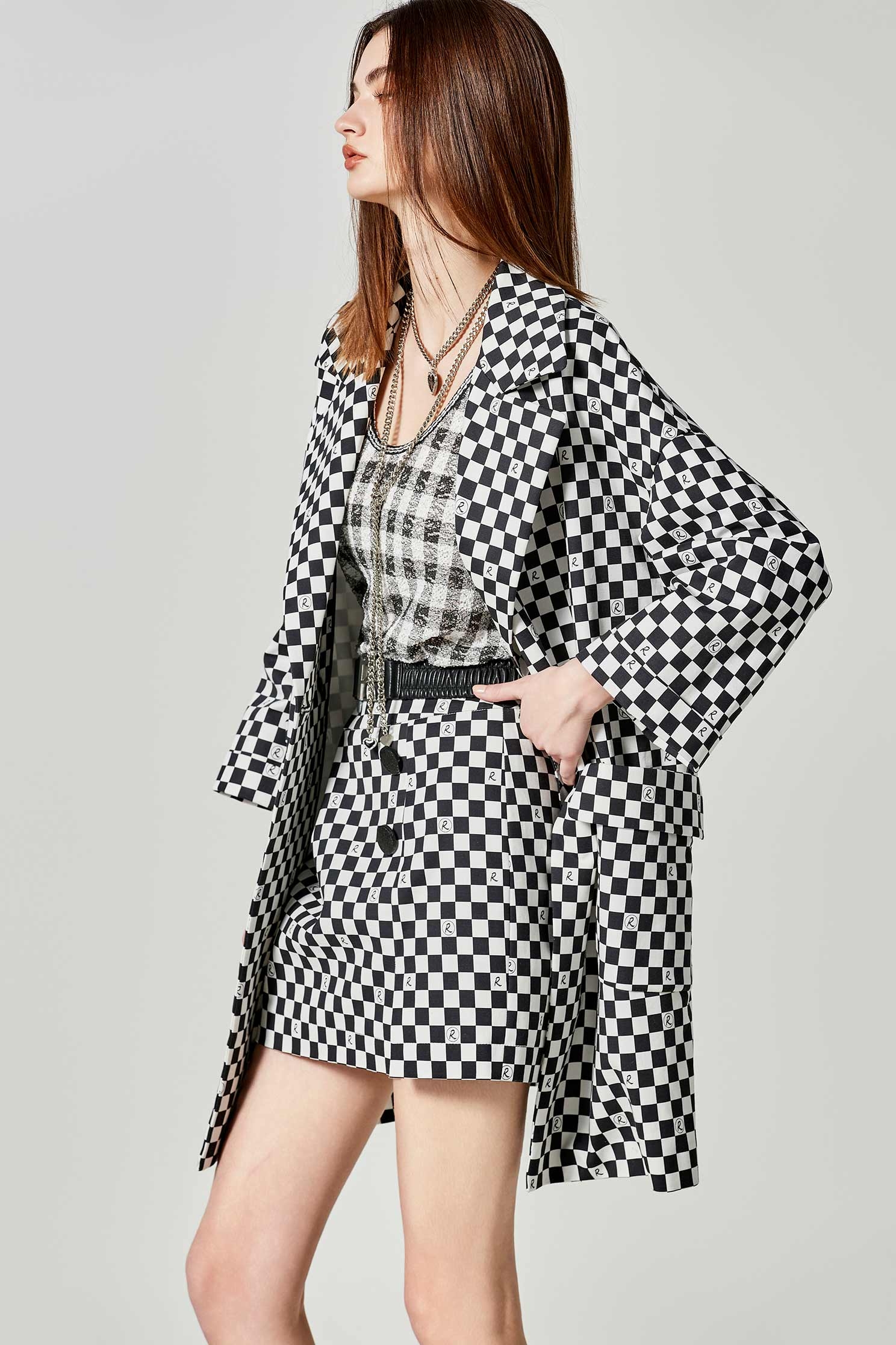 R Logo Checkered Trench CoatR Logo Checkered Trench Coat,Jackets,Outerwear,Season (SS) Look,longcoats