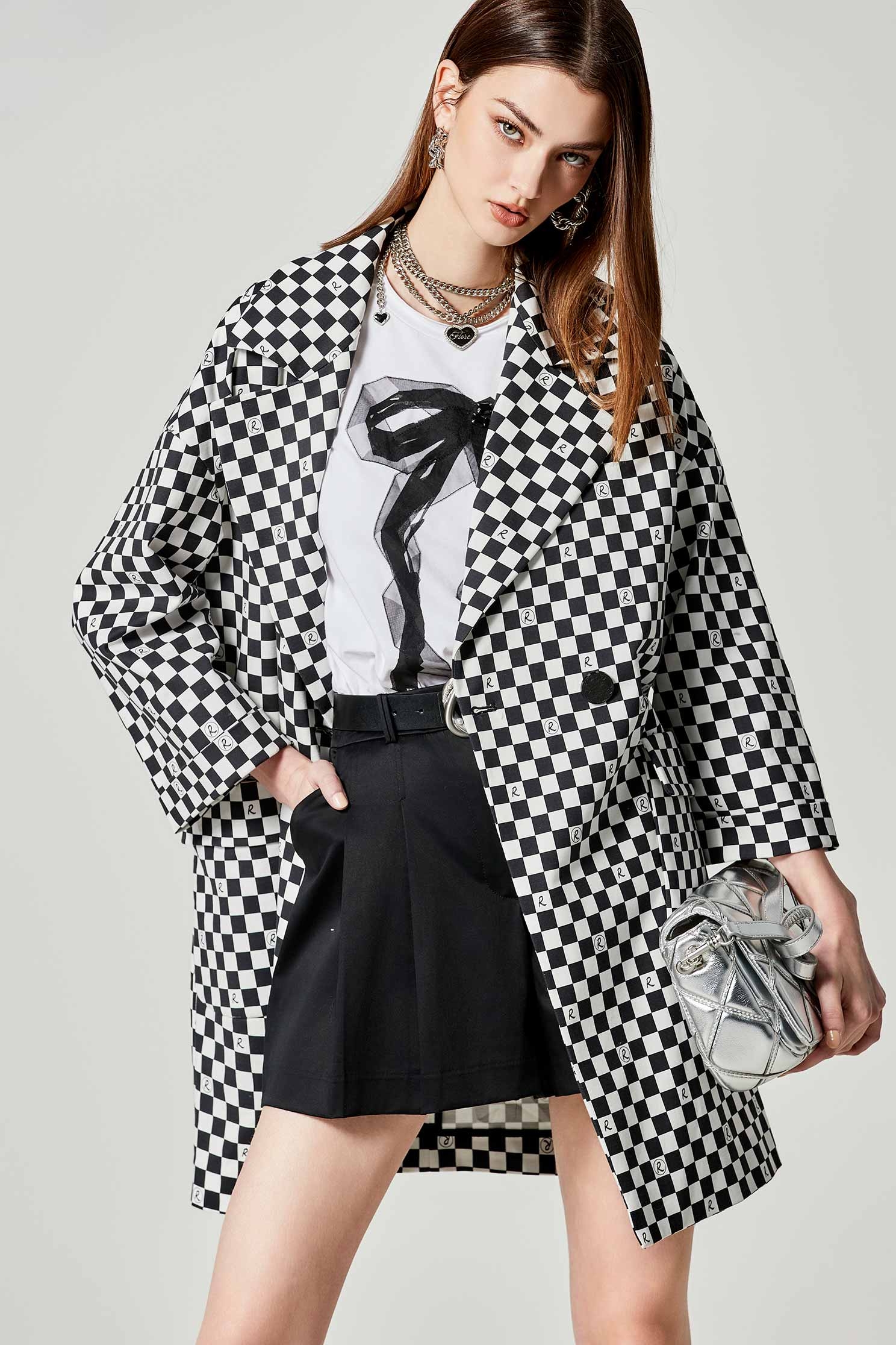 R Logo Checkered Trench CoatR Logo Checkered Trench Coat,Jackets,Outerwear,Season (SS) Look,longcoats