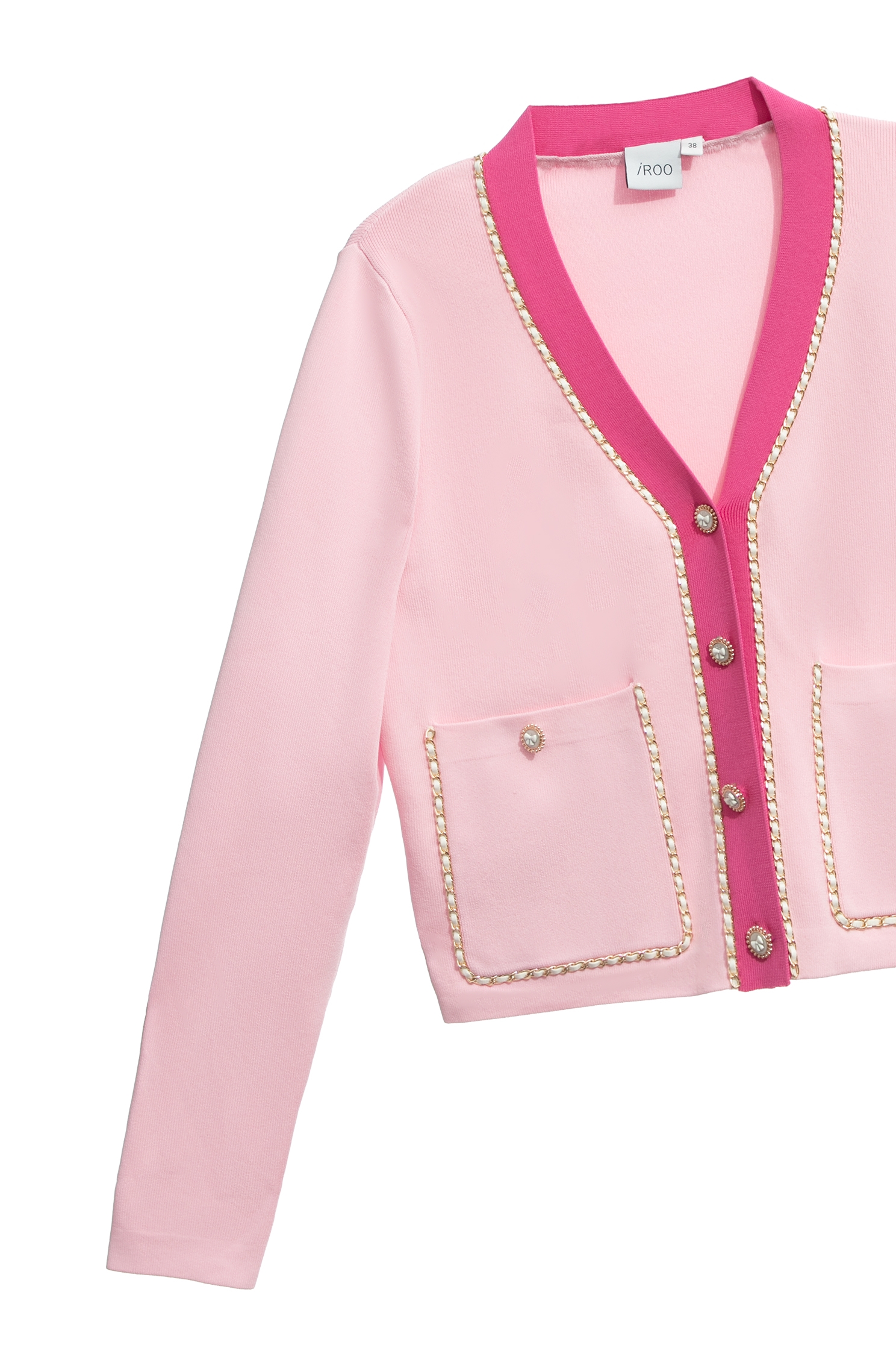 V-neck Pink Cardigan With Braided Trim DetailV-neck Pink Cardigan With Braided Trim Detail,Outerwear,Season (SS) Look,Knitted,Knitted coats