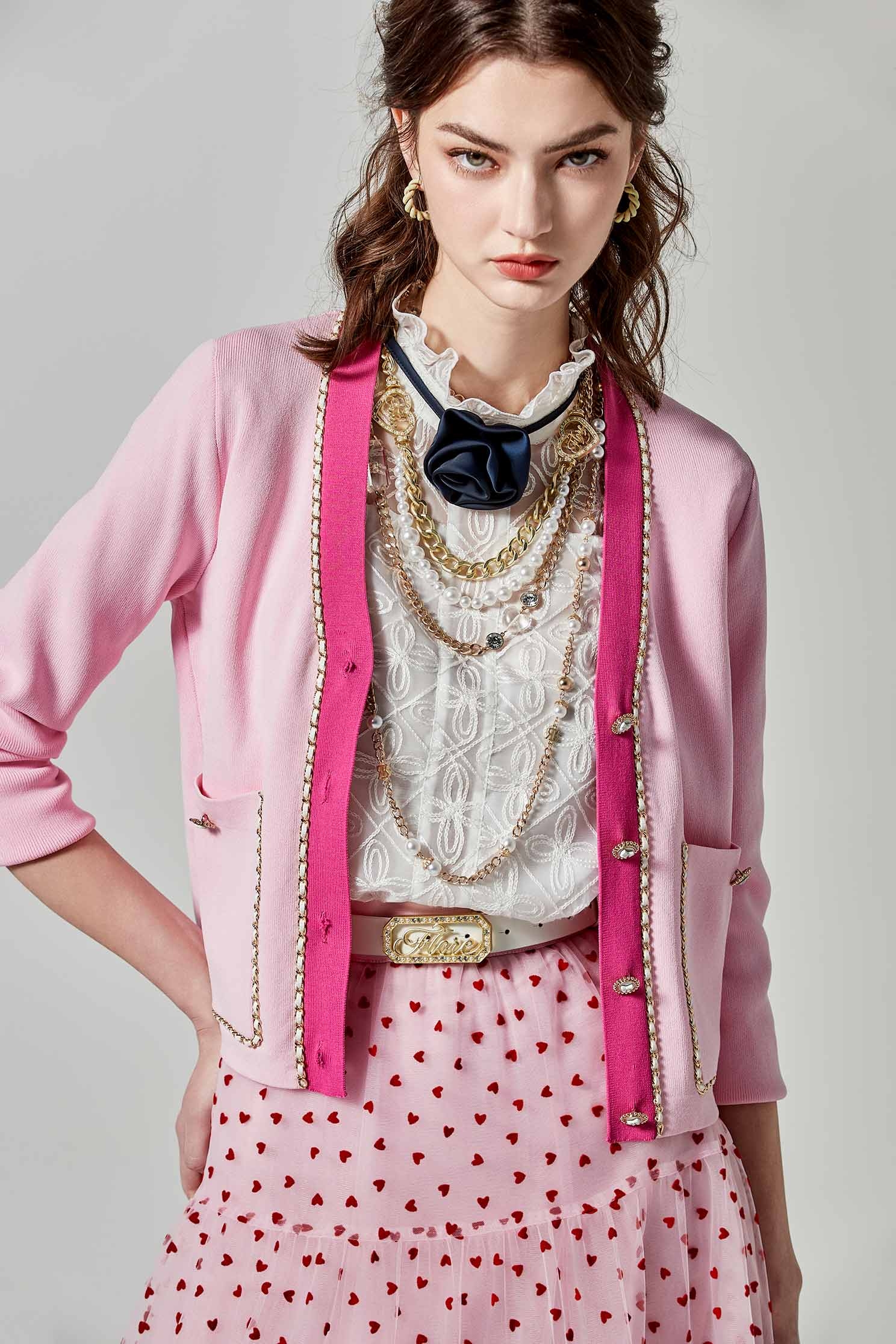 V-neck Pink Cardigan With Braided Trim DetailV-neck Pink Cardigan With Braided Trim Detail,Outerwear,Season (SS) Look,Knitted,Knitted coats