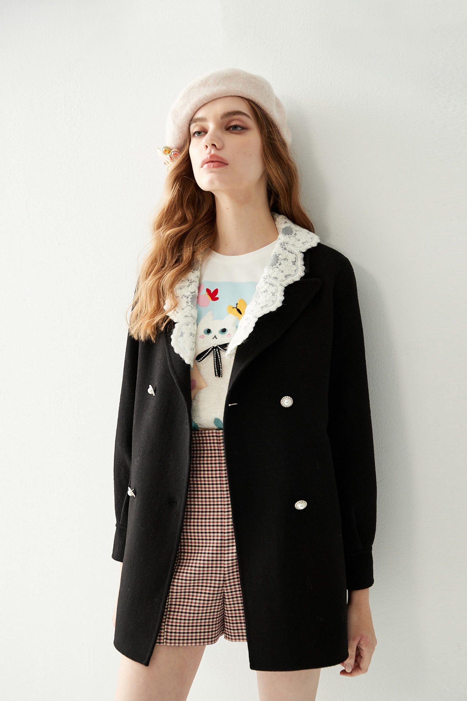 Contrast Lace Collar Woolen CoatWoolen coat with lace collar,Ready for Winter,Season (AW) Look,Valentine,Lace