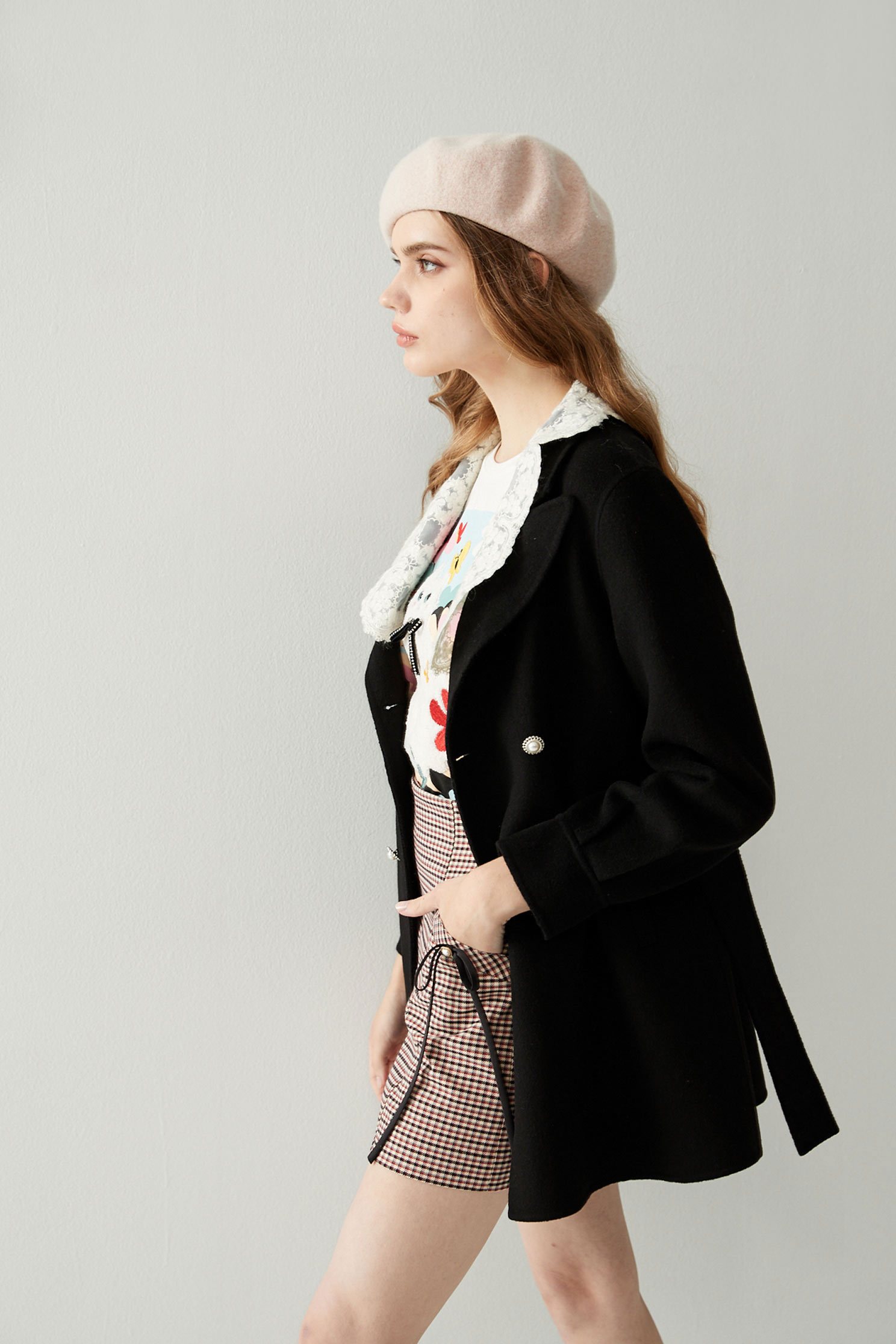 Contrast Lace Collar Woolen CoatWoolen coat with lace collar,Ready for Winter,Season (AW) Look,Valentine,Lace