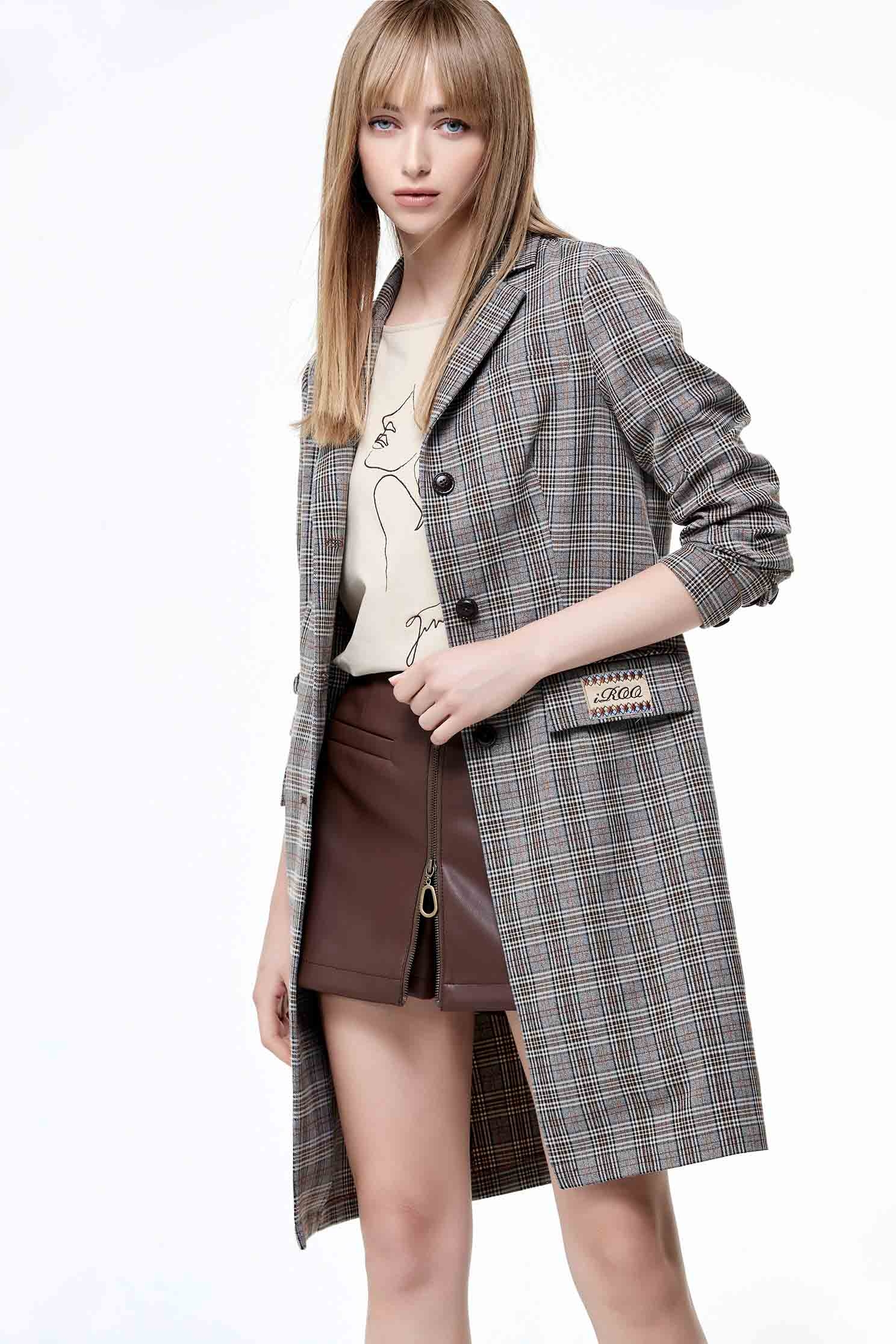 Plaid Knee Length Button Front BlazerPlaid Knee Length Button Front Blazer,Embroidered,Outerwear,Plaid,Season (AW) Look,Blazers