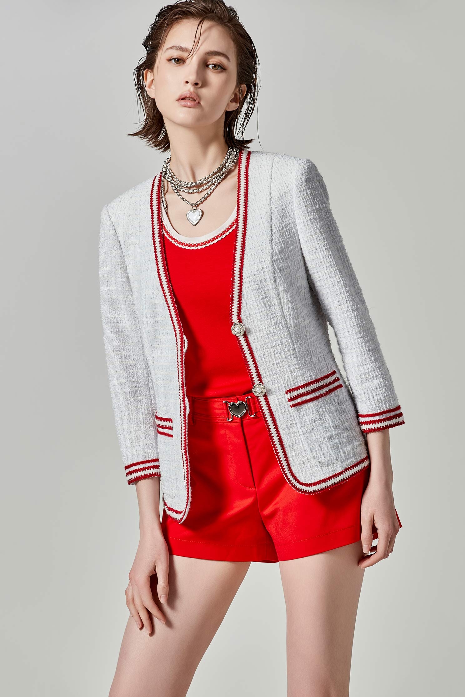 Contrast Red Trim Mid Length JacketContrast Red Trim Mid Length Jacket,Jackets,Outerwear,Season (SS) Look,pearl