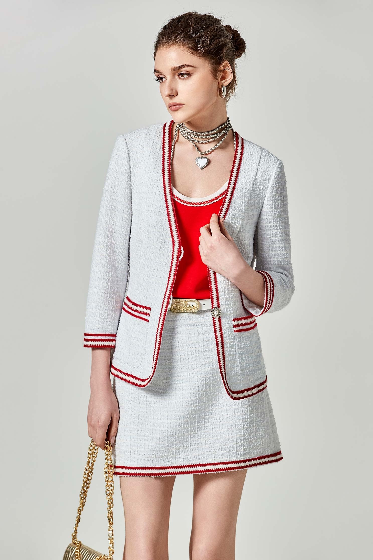 Contrast Red Trim Mid Length JacketContrast Red Trim Mid Length Jacket,Jackets,Outerwear,Season (SS) Look,pearl