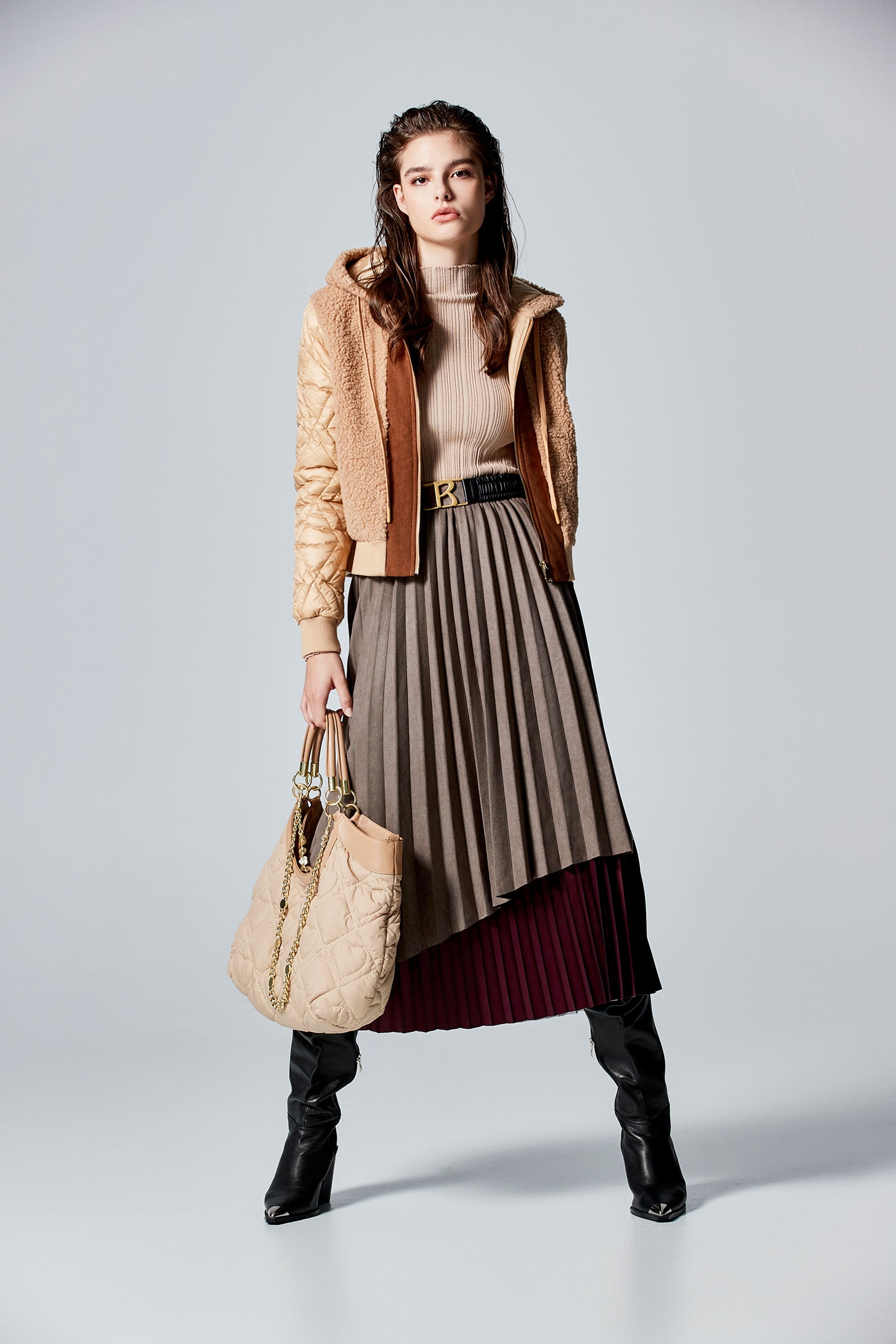 Colour Block Asymmetric Pleated SkirtImitate suede folded midi skirt,Season (AW) Look,Valentine,Midi skirts,Lucky Red