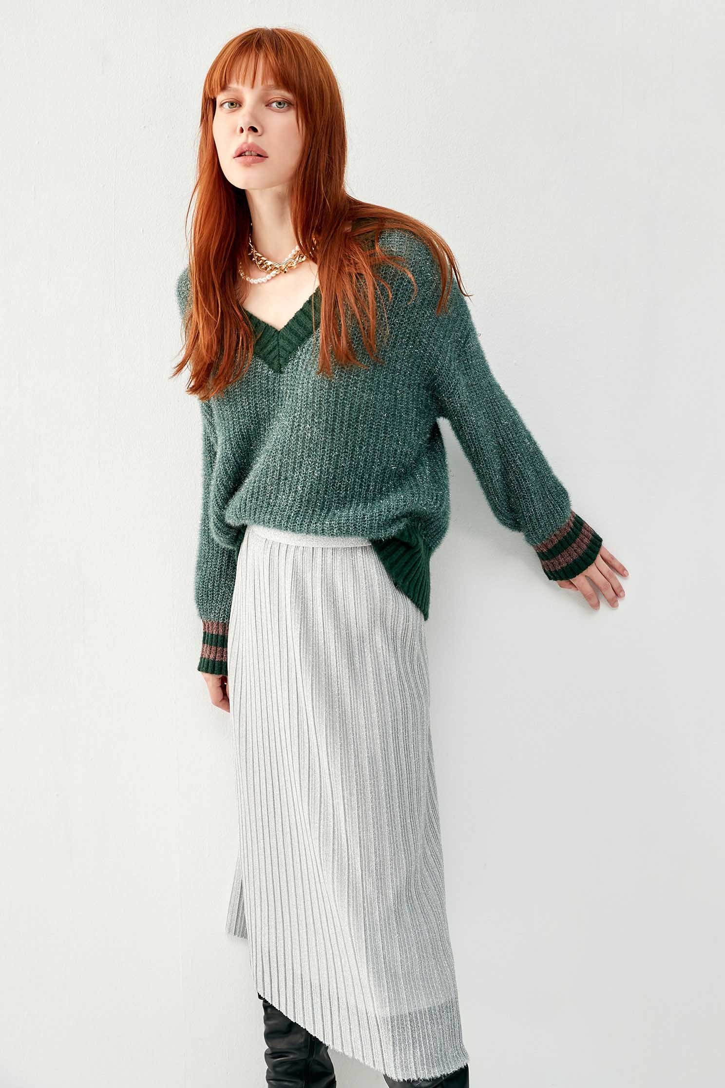 Metallic Pleated SkirtFolded knit mid long skirt,Online Exclusive,Pleated skirts,Season (AW) Look,Knitted,Midi skirts