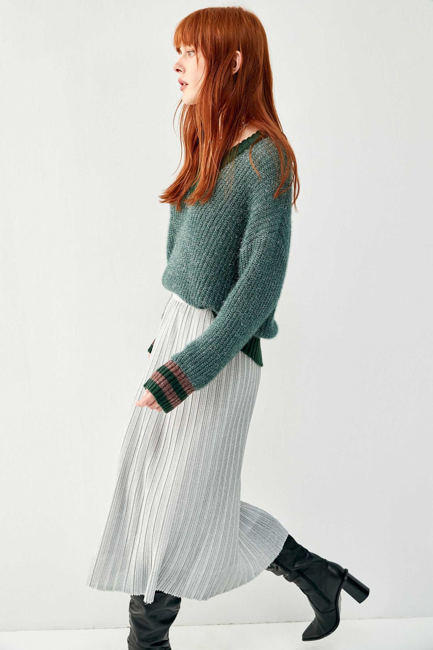 Metallic Pleated SkirtFolded knit mid long skirt,Online Exclusive,Pleated skirts,Season (AW) Look,Knitted,Midi skirts