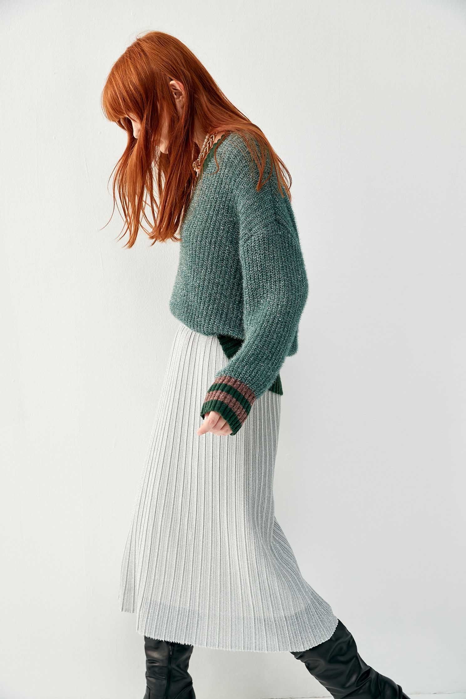 Metallic Pleated SkirtFolded knit mid long skirt,Online Exclusive,Pleated skirts,Season (AW) Look,Knitted,Midi skirts