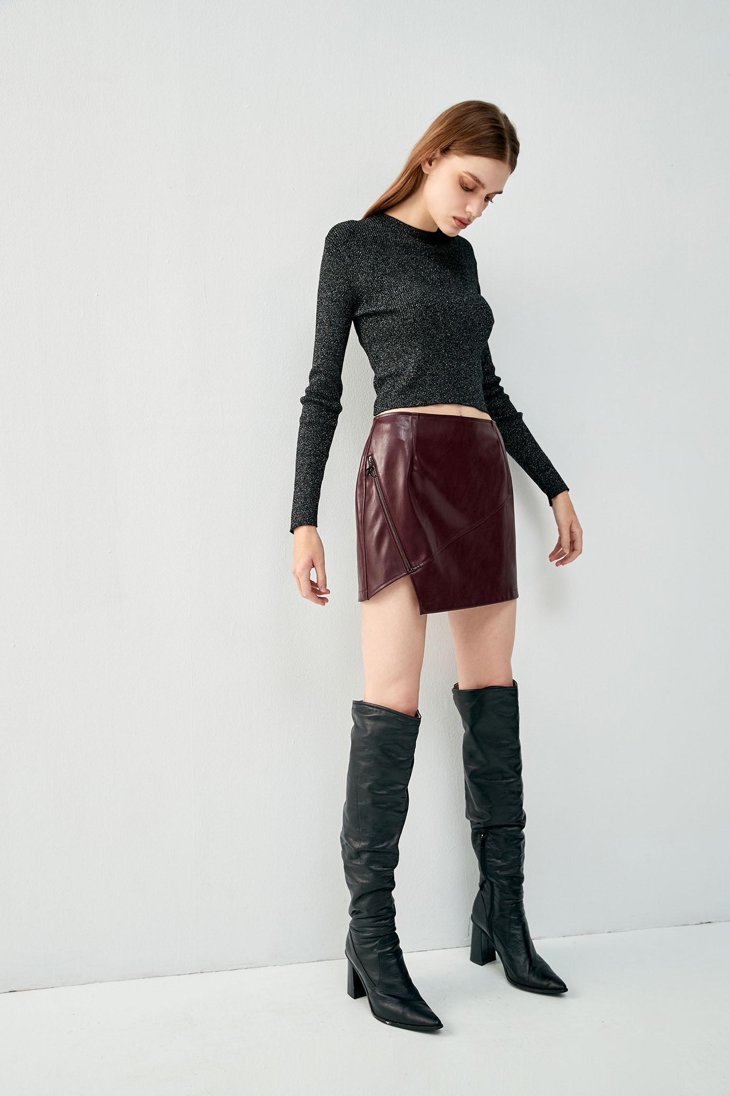 Maroon Pu Mini SkirtDark red imitate leather skirt,Party Looks,Leather,Mini skirts,Season (AW) Look,Lucky Red